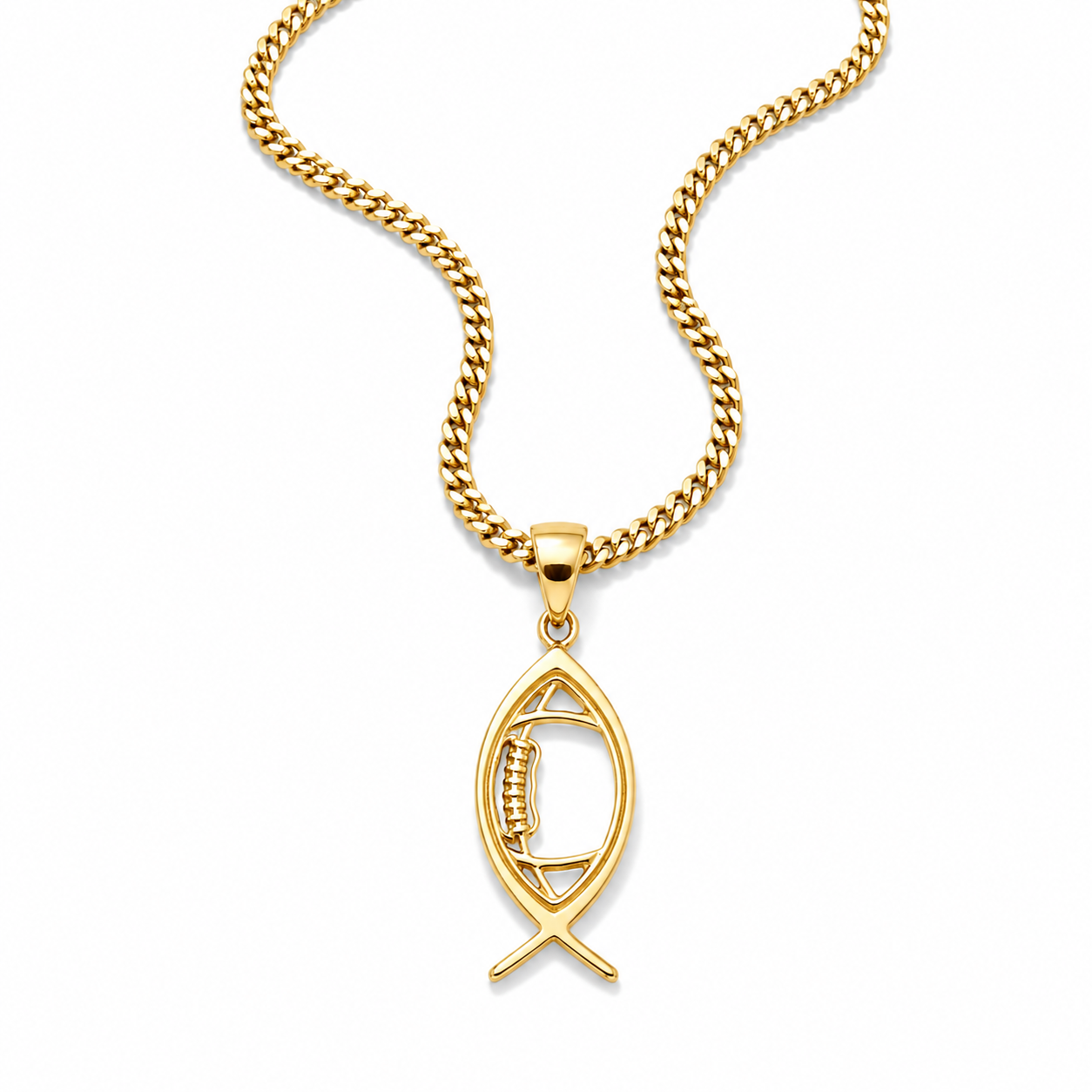 A gold-tone necklace featuring a fish-shaped pendant with a small cross design inside, suspended from a curb chain on a plain white background.