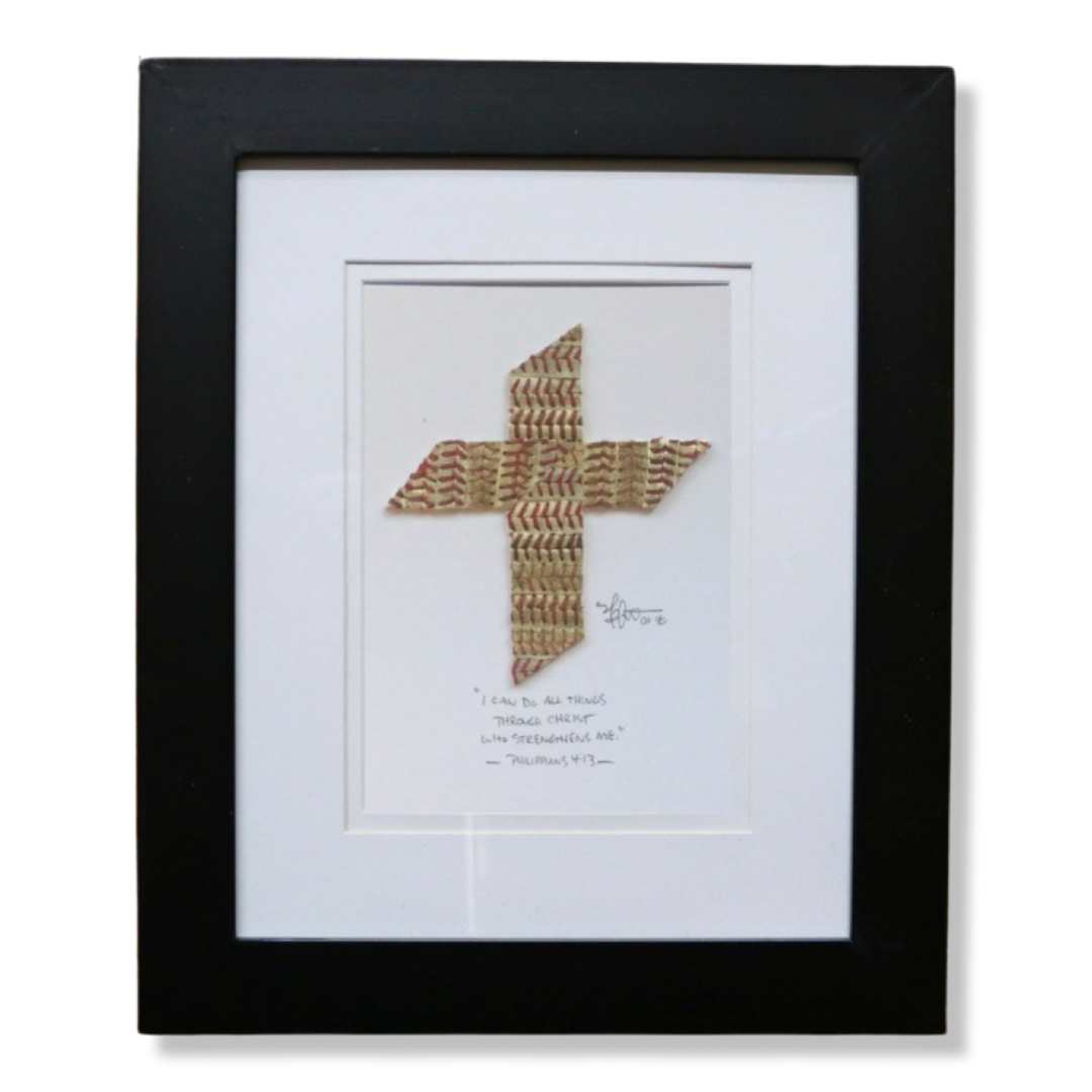 The Baseball Cross - Original Artwork Made from Actual Used Baseballs framed with a scripture quote.