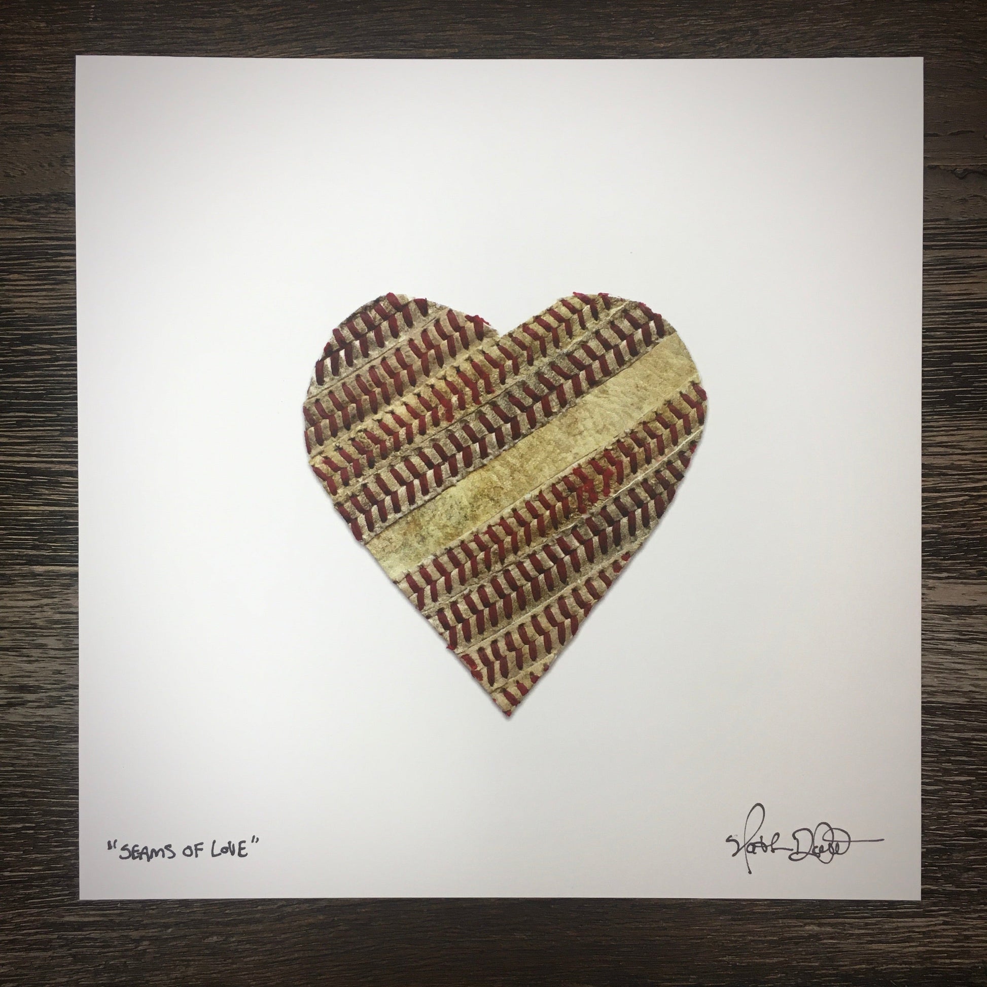 Customizable Baseball Heart Print in 10x10 White Matting featuring a heart made of baseball seams
