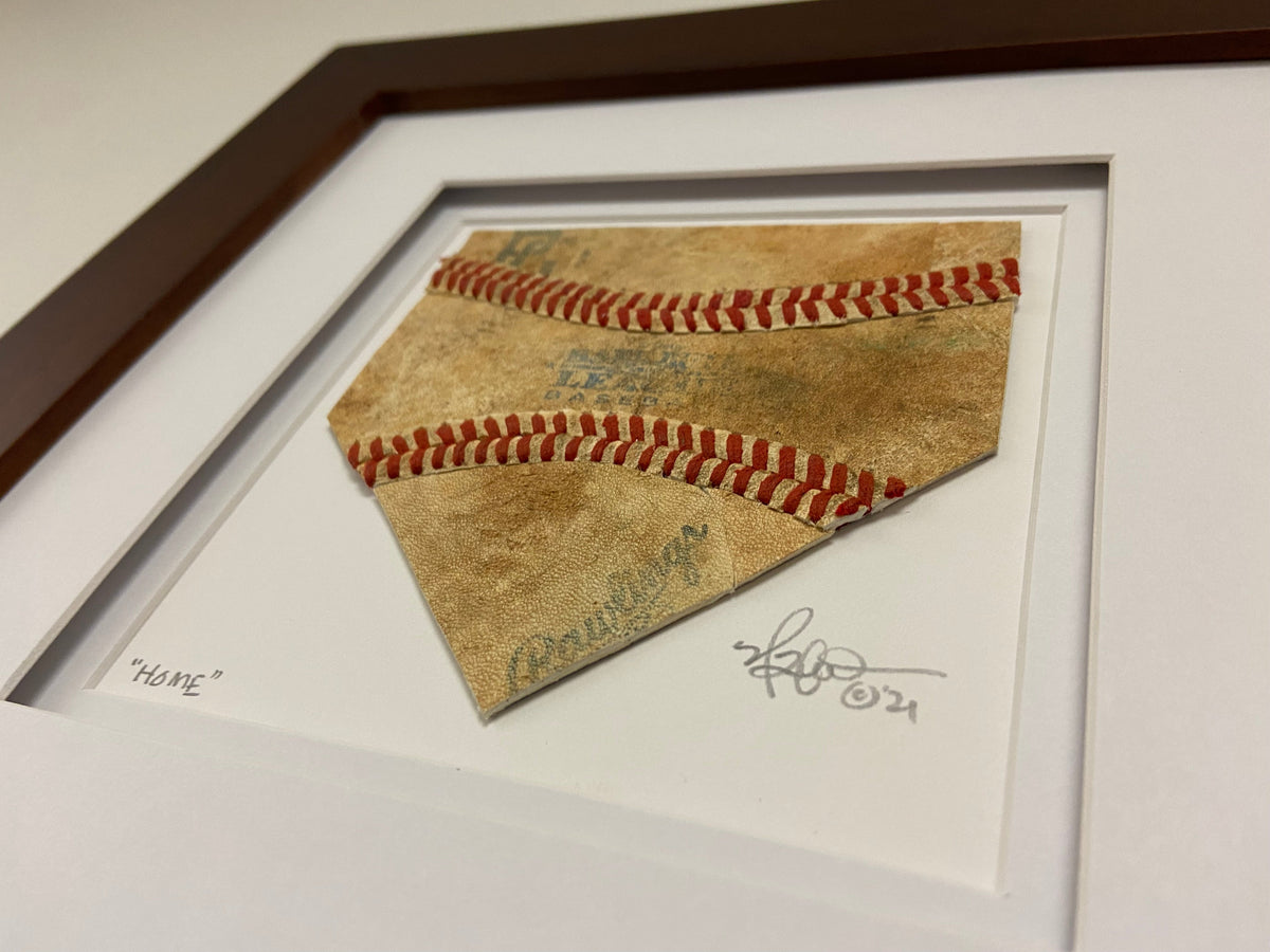 The Baseball Seams Company HOME home plate baseball artwork made with used baseball seams, framed display view