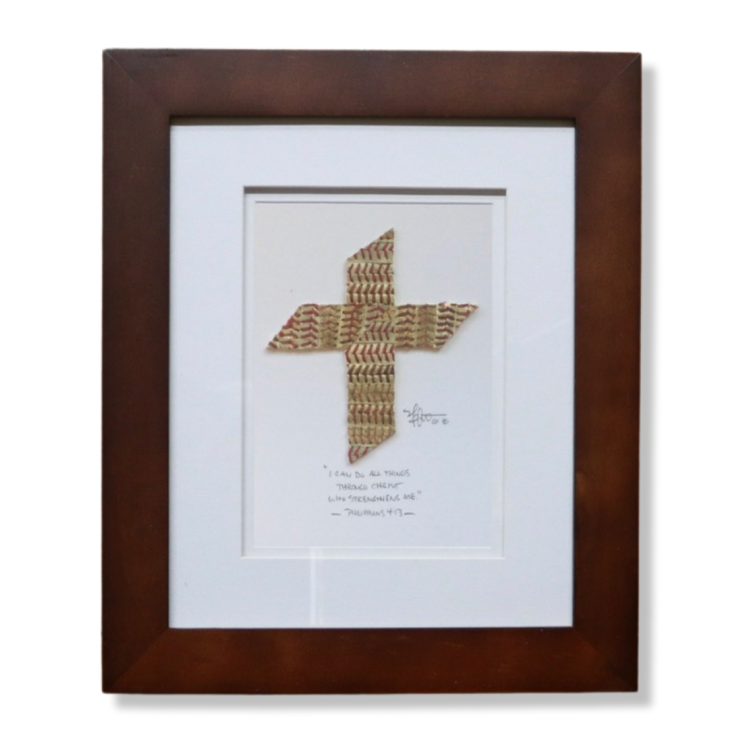 The Baseball Cross - Original Artwork Made from Actual Used Baseballs, framed cross art piece.
