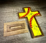 The Baseball Seams Company Old Rugged baseball and softball cross with wooden display stand