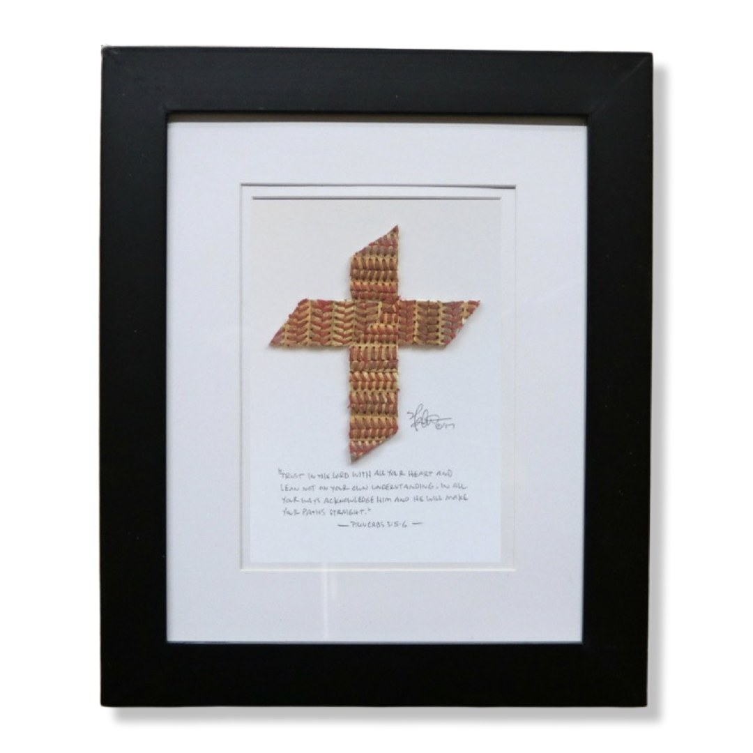 The Baseball Cross - Original Artwork Made from Actual Used Baseballs, framed artistic piece featuring a woven cross.