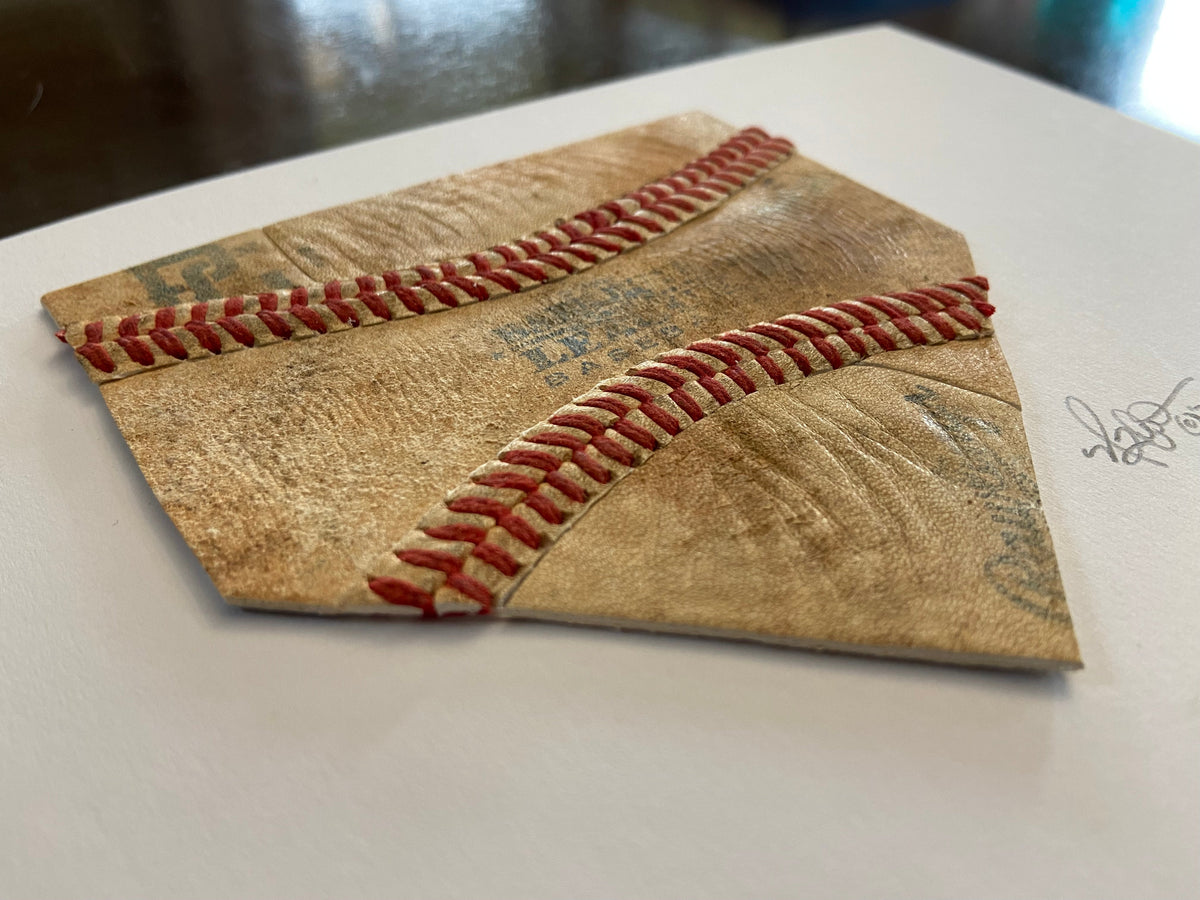 The Baseball Seams Company HOME home plate baseball artwork made with used baseball seams, framed display view