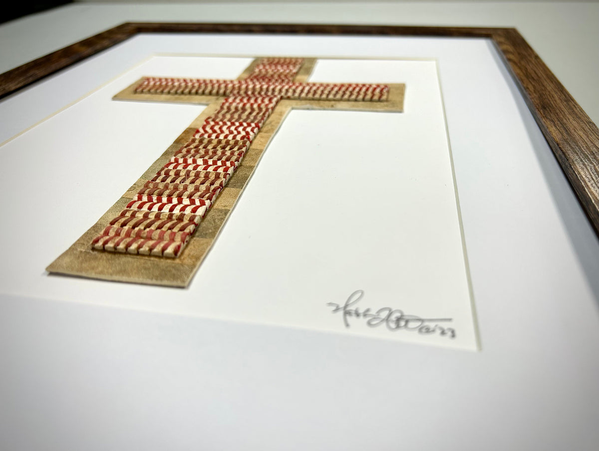 The Baseball Seams Company Traditional Cross baseball artwork made from used baseball seams, framed display view