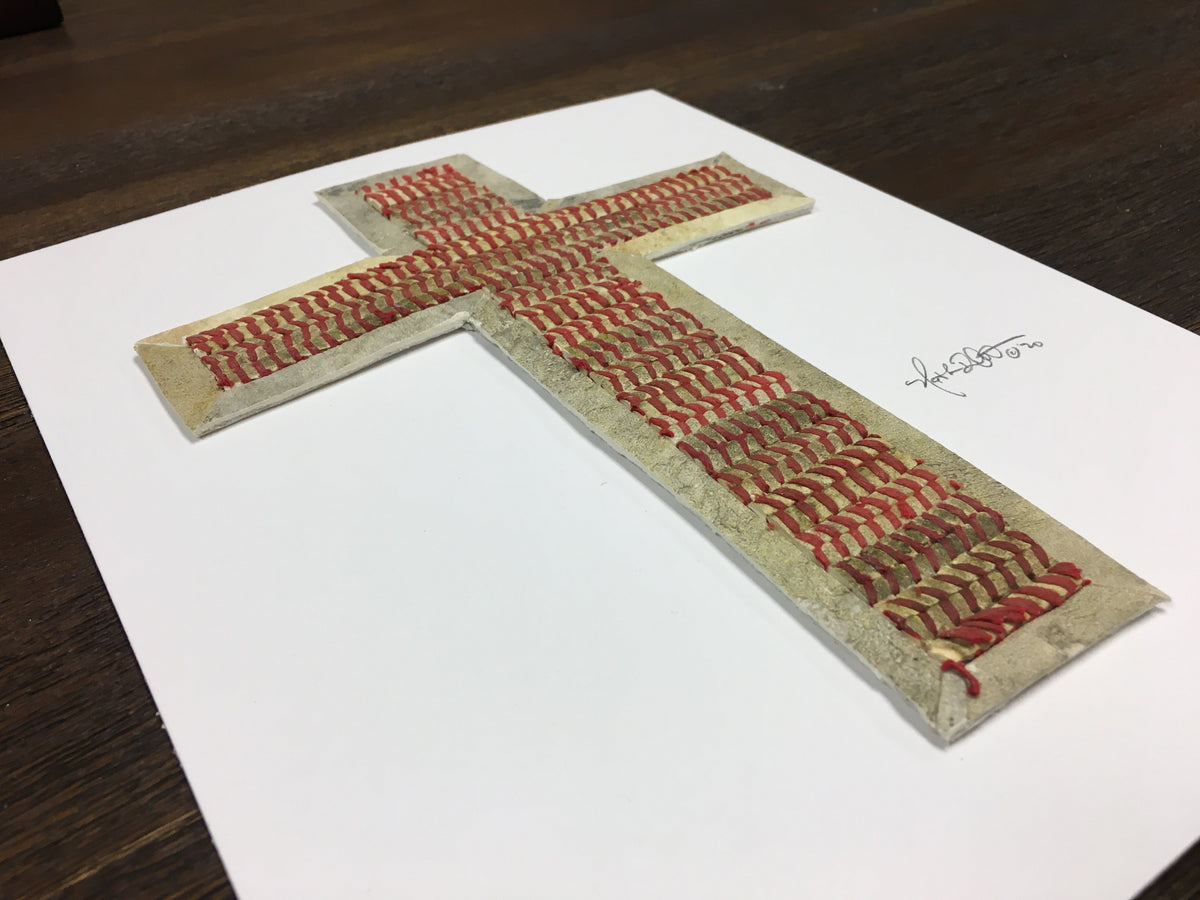 The Baseball Seams Company Traditional Cross baseball artwork made from used baseball seams, framed display view