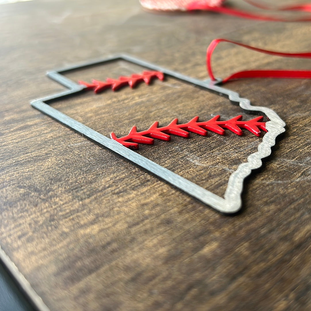 Nebraska Steel Baseball Christmas Ornament laser cut ornament featuring red stitching on a steel outline, perfect for Christmas.