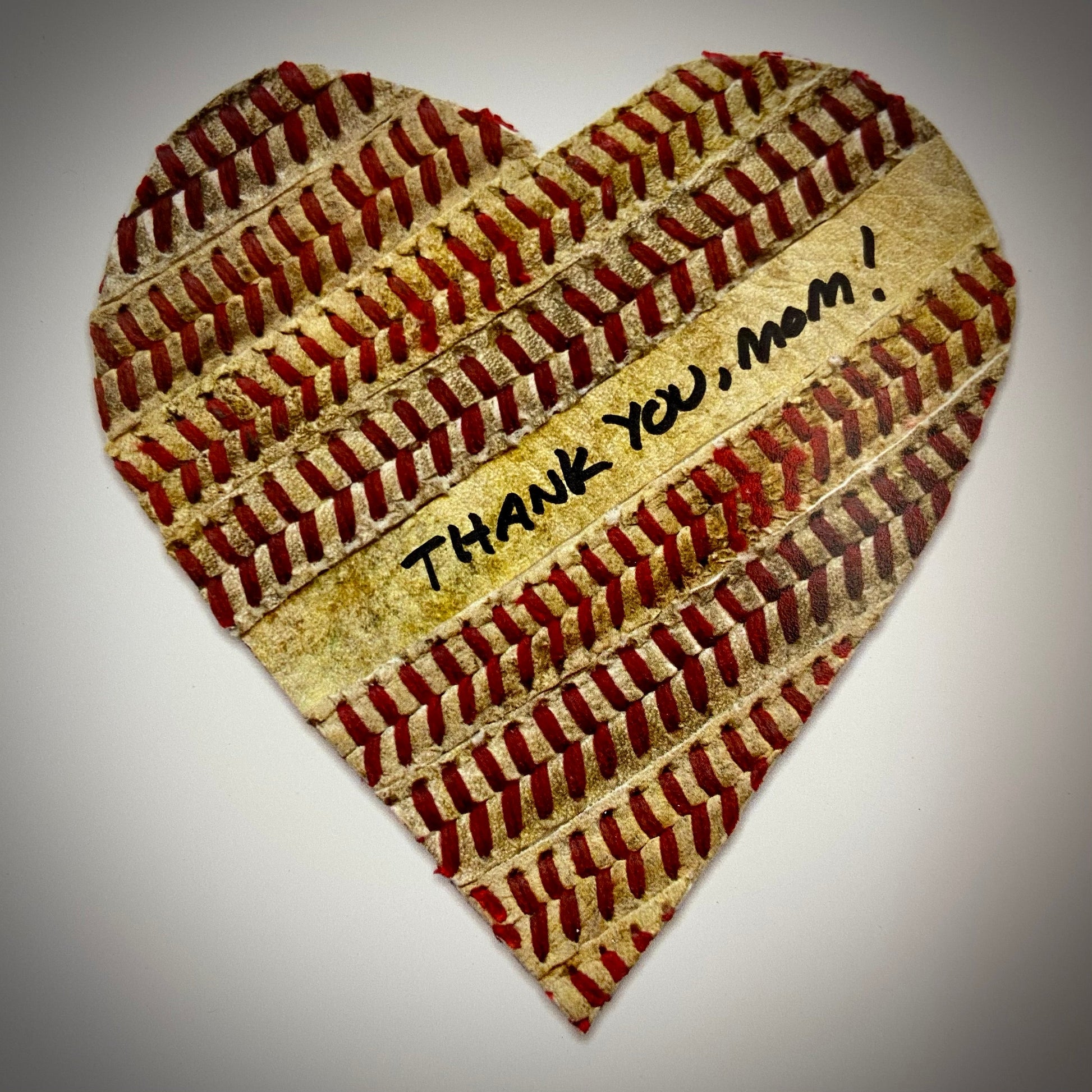 Customizable Baseball Heart Print in 10x10 White Matting featuring a heart made of baseball stitches with the inscription 'THANK YOU, MOM!'