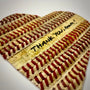 Customizable Baseball Heart Print in 10x10 White Matting featuring a heart design made of baseball stitching and the phrase 'THANK YOU, MOM!'