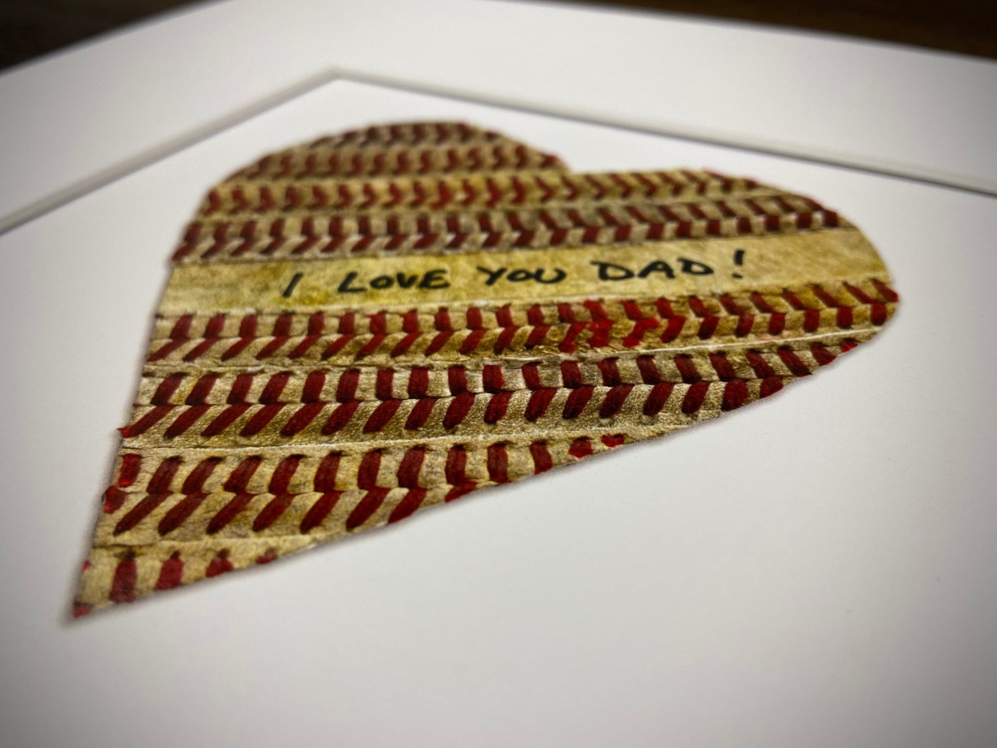 Customizable Baseball Heart Print in 10x10 White Matting featuring a heartfelt "I LOVE YOU DAD!" inscription.