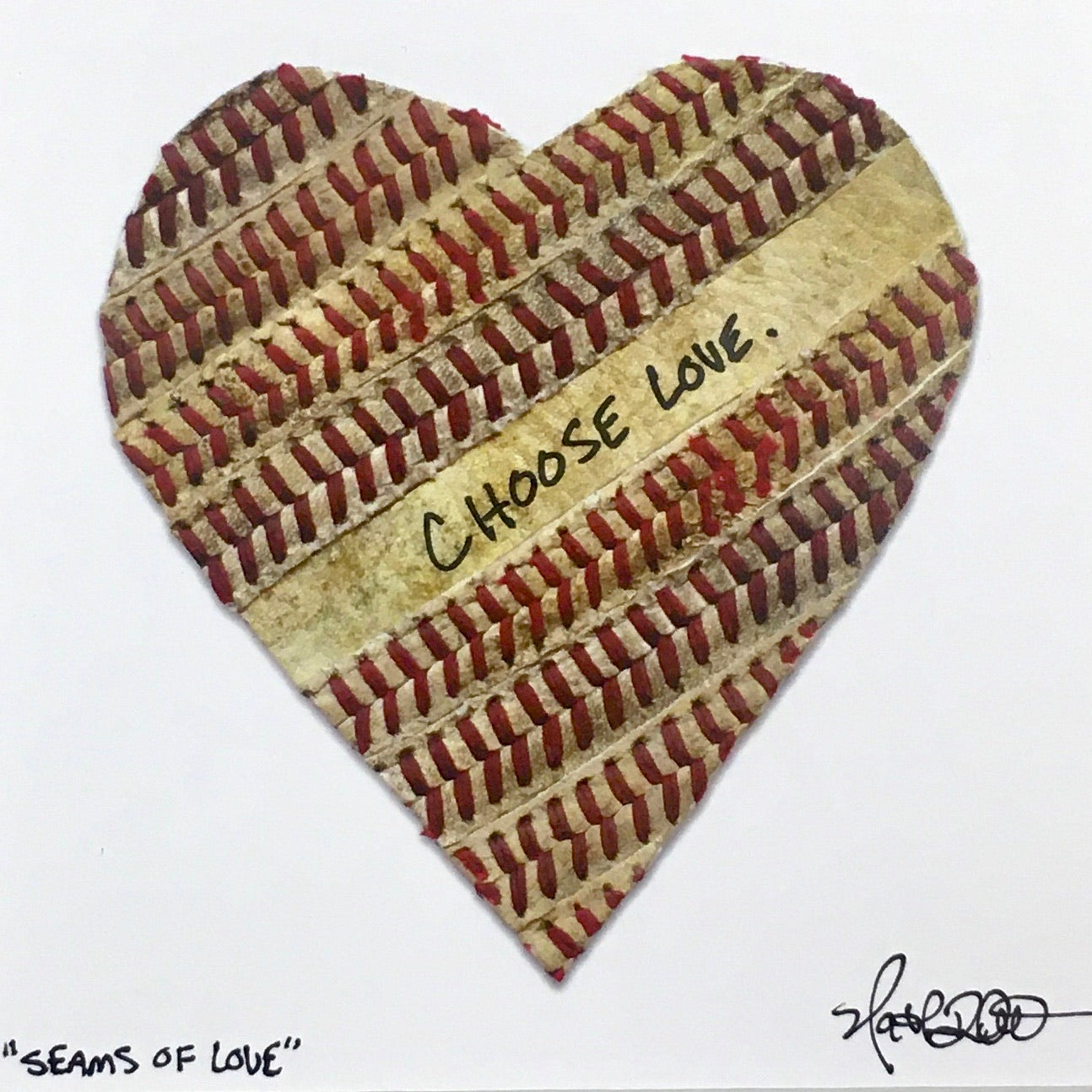 Customizable Baseball Heart Print in 10x10 White Matting featuring a heart made from baseball seams with the text 'Choose Love.'