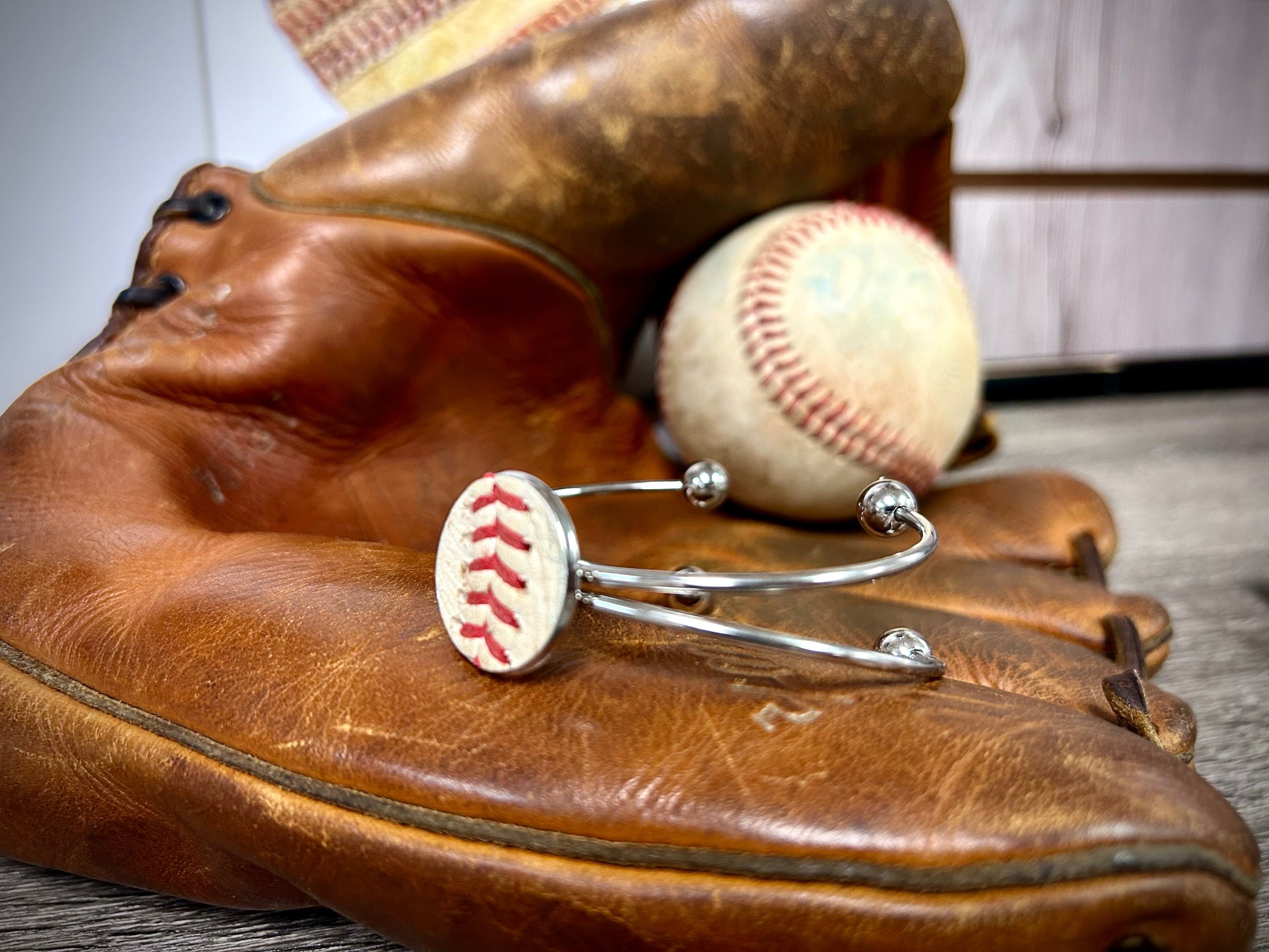 Baseball Seam Silver Bangle Bracelet