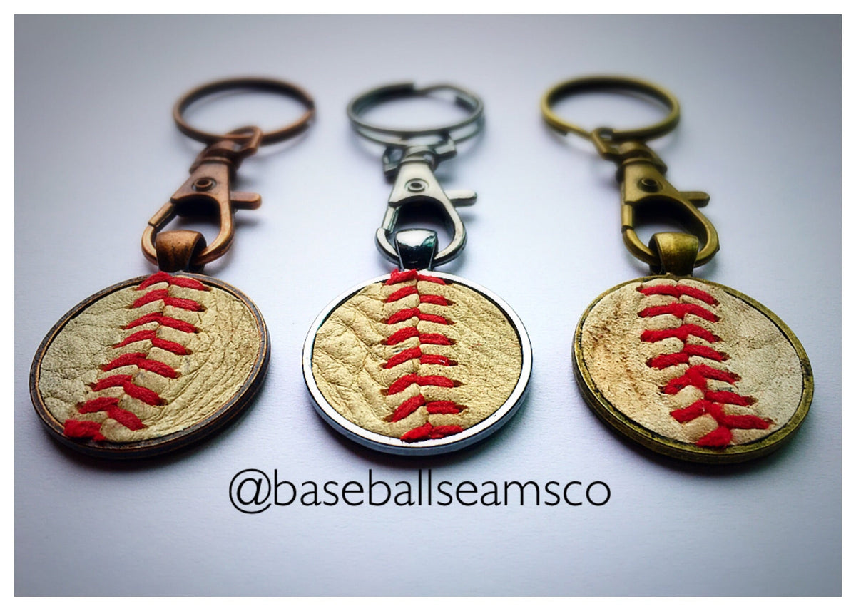 The Baseball Seams Company Baseball Seam Keychain made with used baseball seams, product detail view