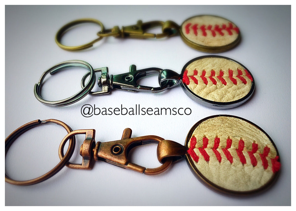The Baseball Seams Company Baseball Seam Keychain made with used baseball seams, product detail view