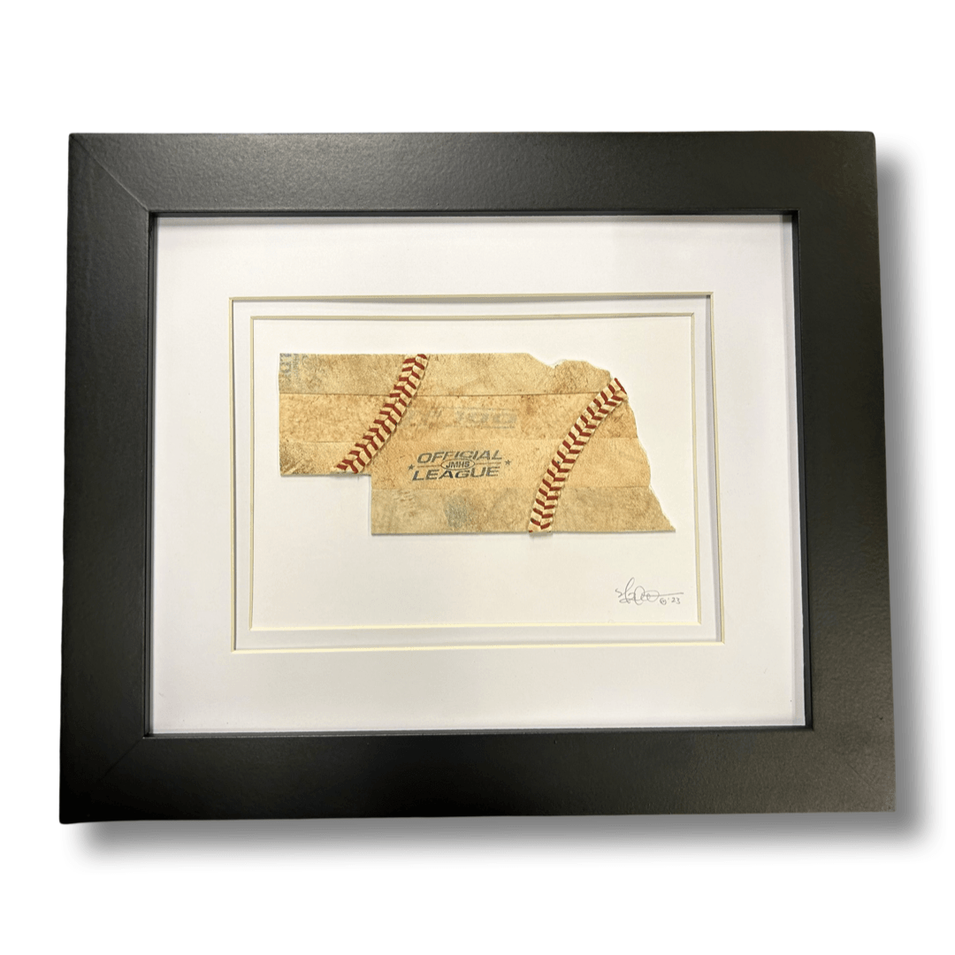 Nebraska Baseball Artwork - Made from Reclaimed Baseballs, framed artwork featuring baseballs and state map design.