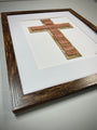 The Baseball Seams Company Traditional Cross baseball artwork made from used baseball seams, framed display view