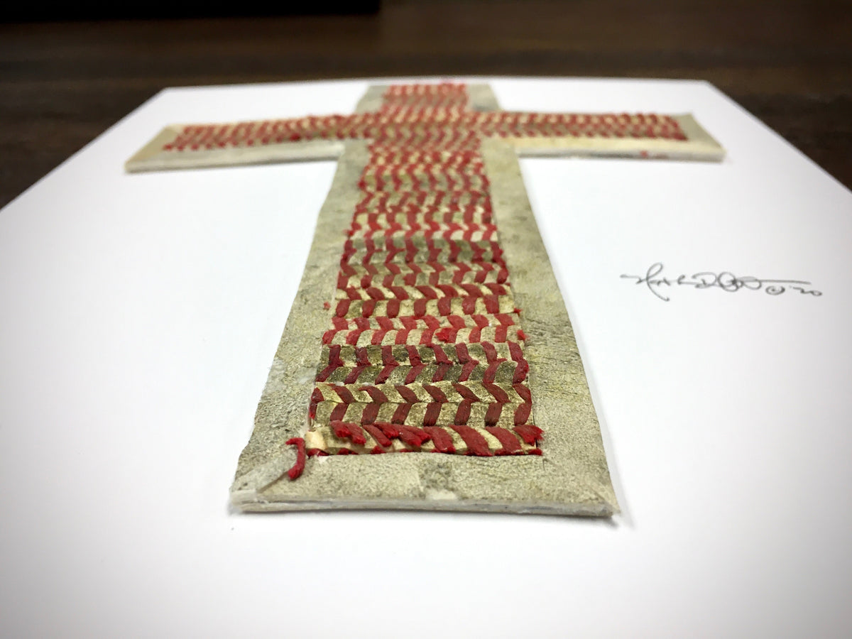 The Baseball Seams Company Traditional Cross baseball artwork made from used baseball seams, framed display view