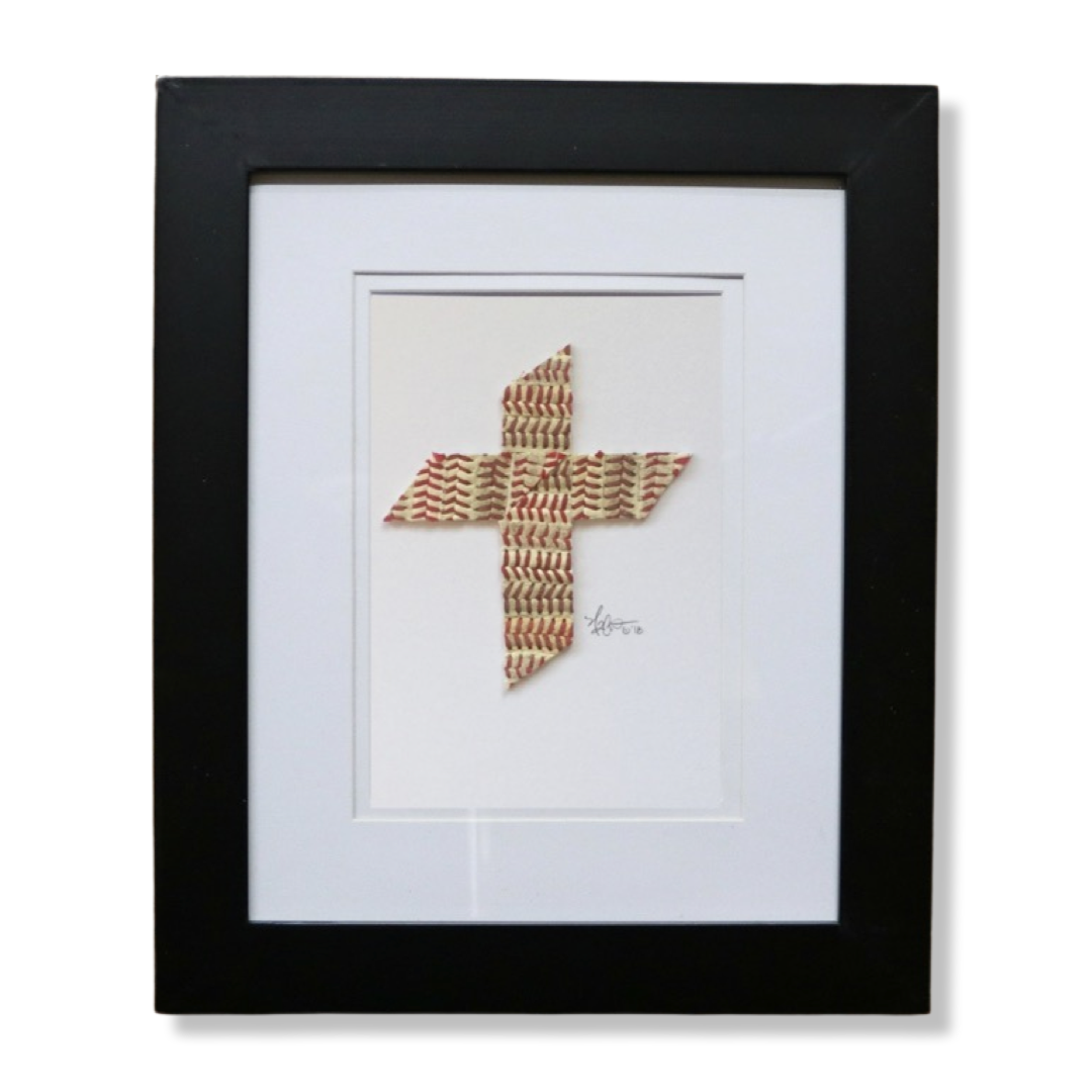 The Baseball Cross - Original Artwork Made from Actual Used Baseballs in a black frame.
