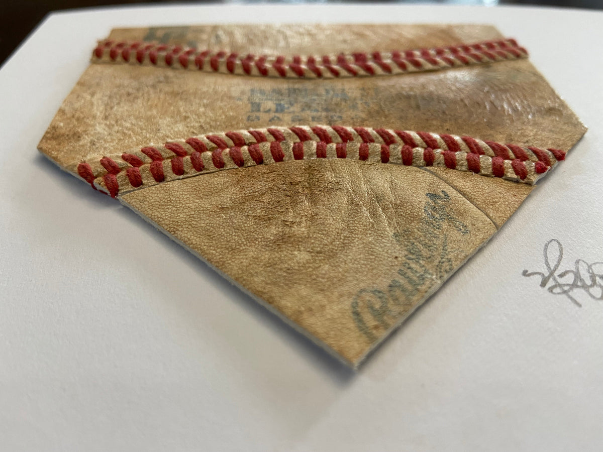 The Baseball Seams Company HOME home plate baseball artwork made with used baseball seams, framed display view