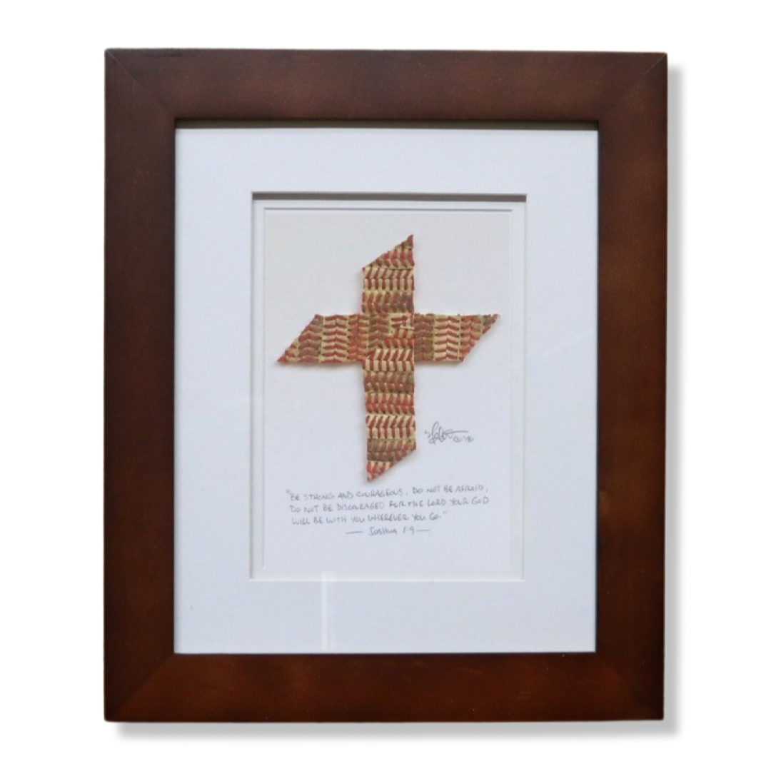 The Baseball Cross - Original Artwork Made from Actual Used Baseballs framed artwork depicting a cross made from baseball seams.