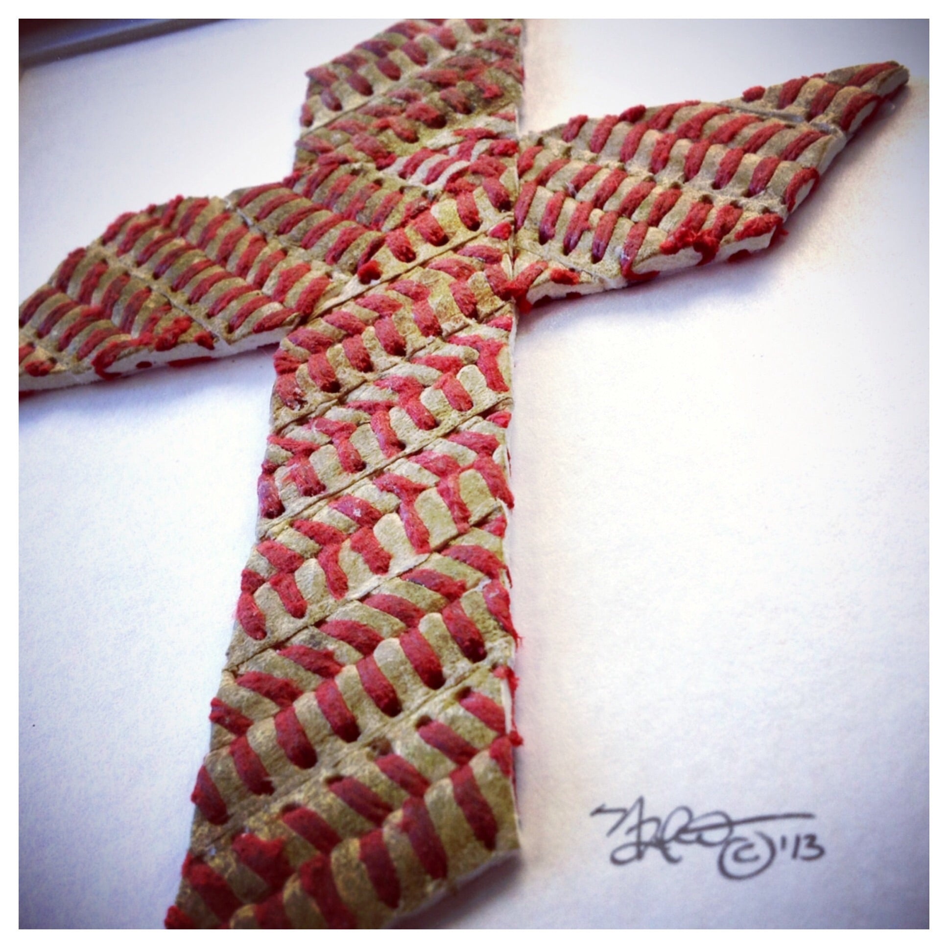The Baseball Cross - Original Artwork Made from Actual Used Baseballs, showcasing worn seams and intricate details.