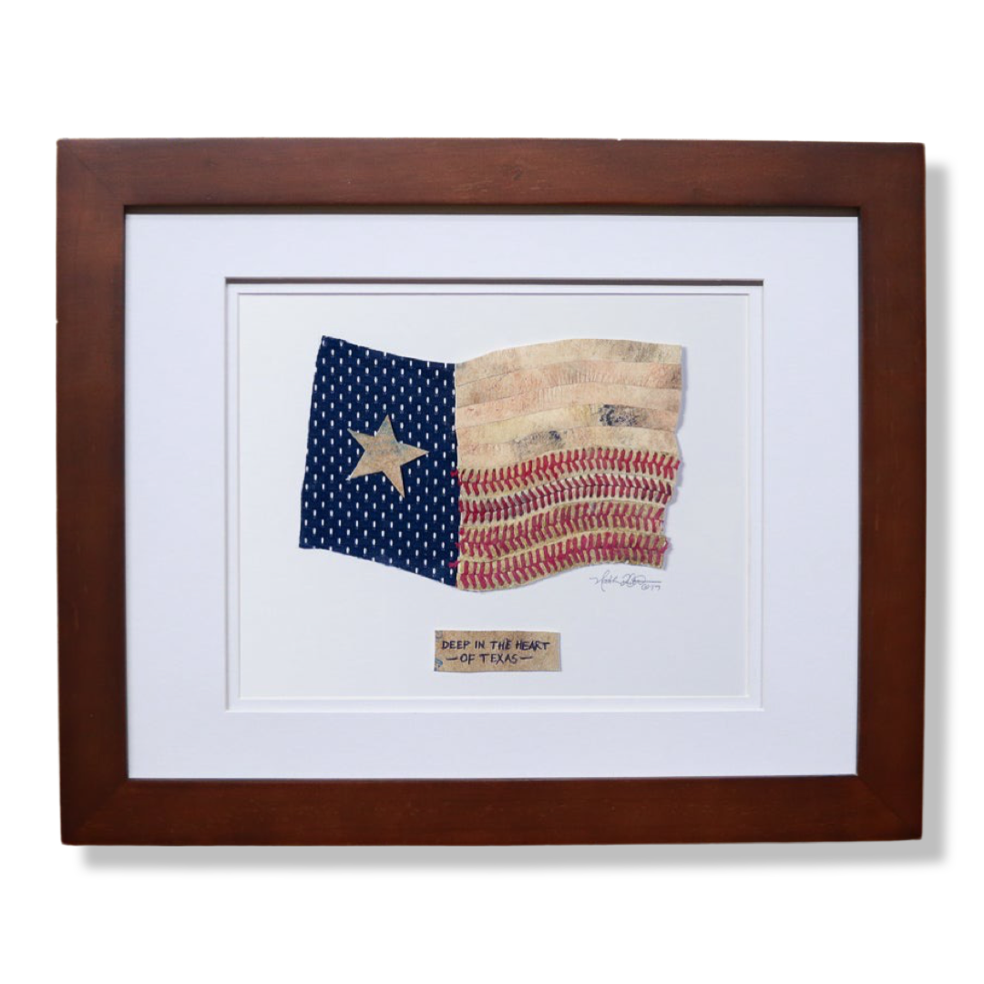 Texas State Flag Original Artwork titled 'Deep in the Heart of Texas', crafted with baseball materials.