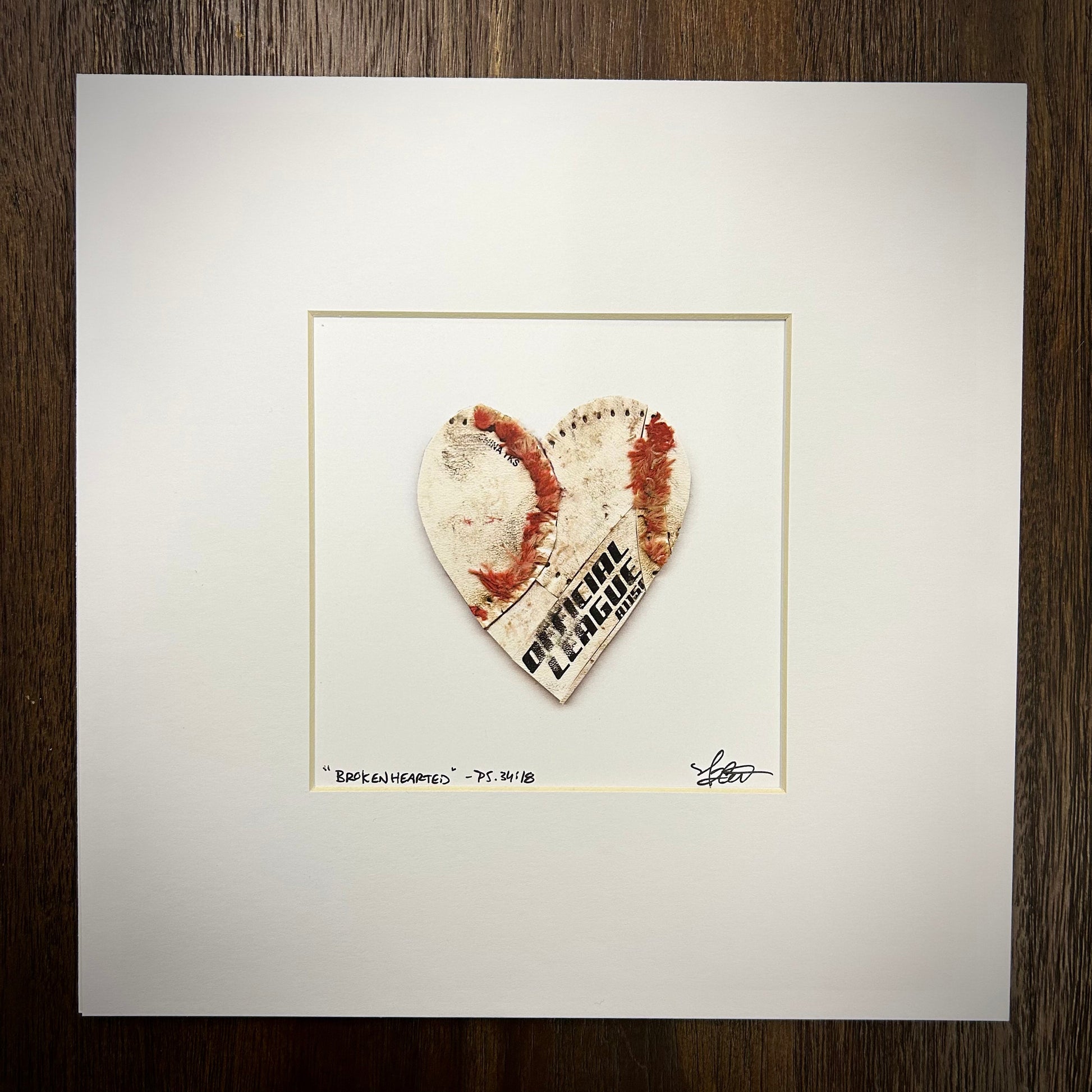 Brokenhearted Print - Matted to 10x10, a heart art piece inspired by Psalms 34:18, framed with white matting.