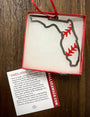 Florida Steel Baseball Christmas Ornament in red gift box with red stitches, commemorating Florida baseball memories.