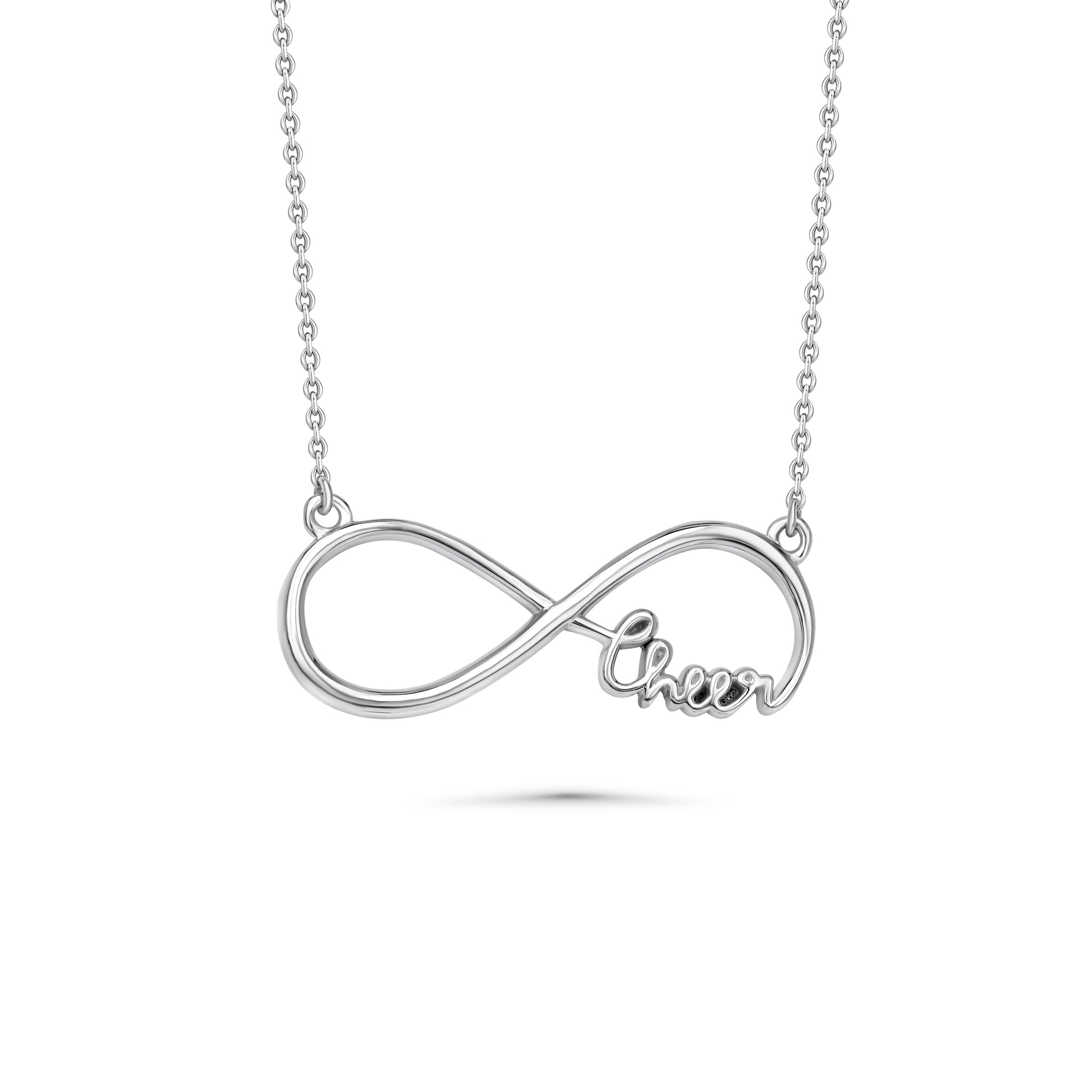 Silver necklace with an infinity symbol and 'cheer' text on a white background