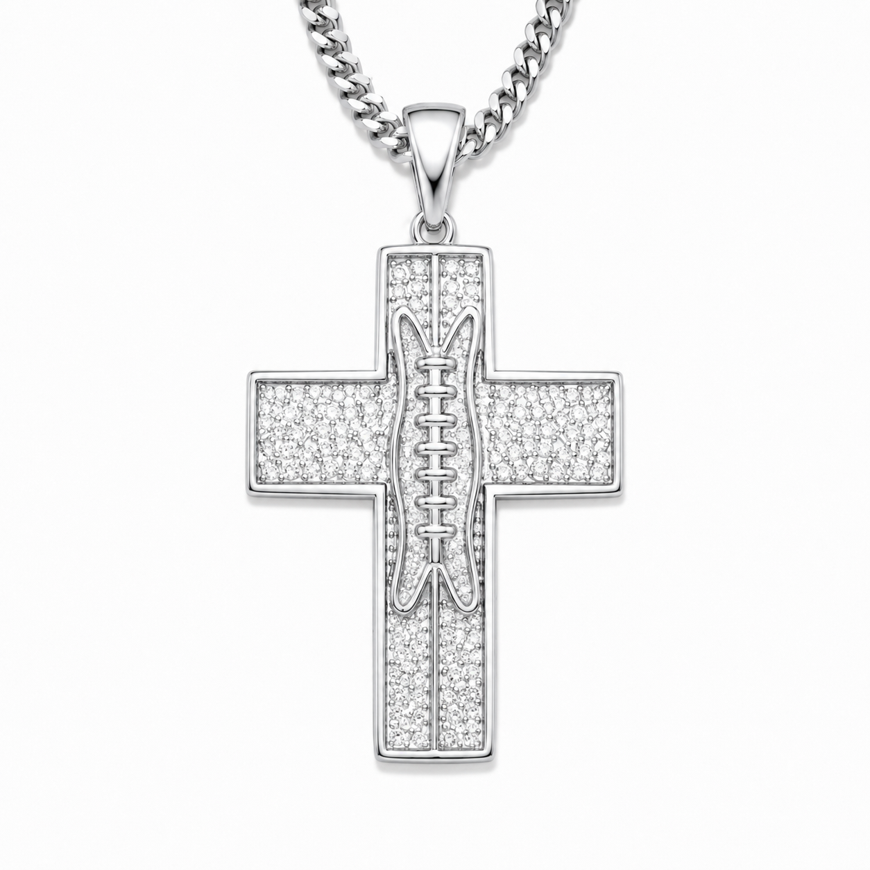 A silver cross pendant with a football design in the center, featuring pavé-set clear stones and a matching silver chain, shown on a plain white background.