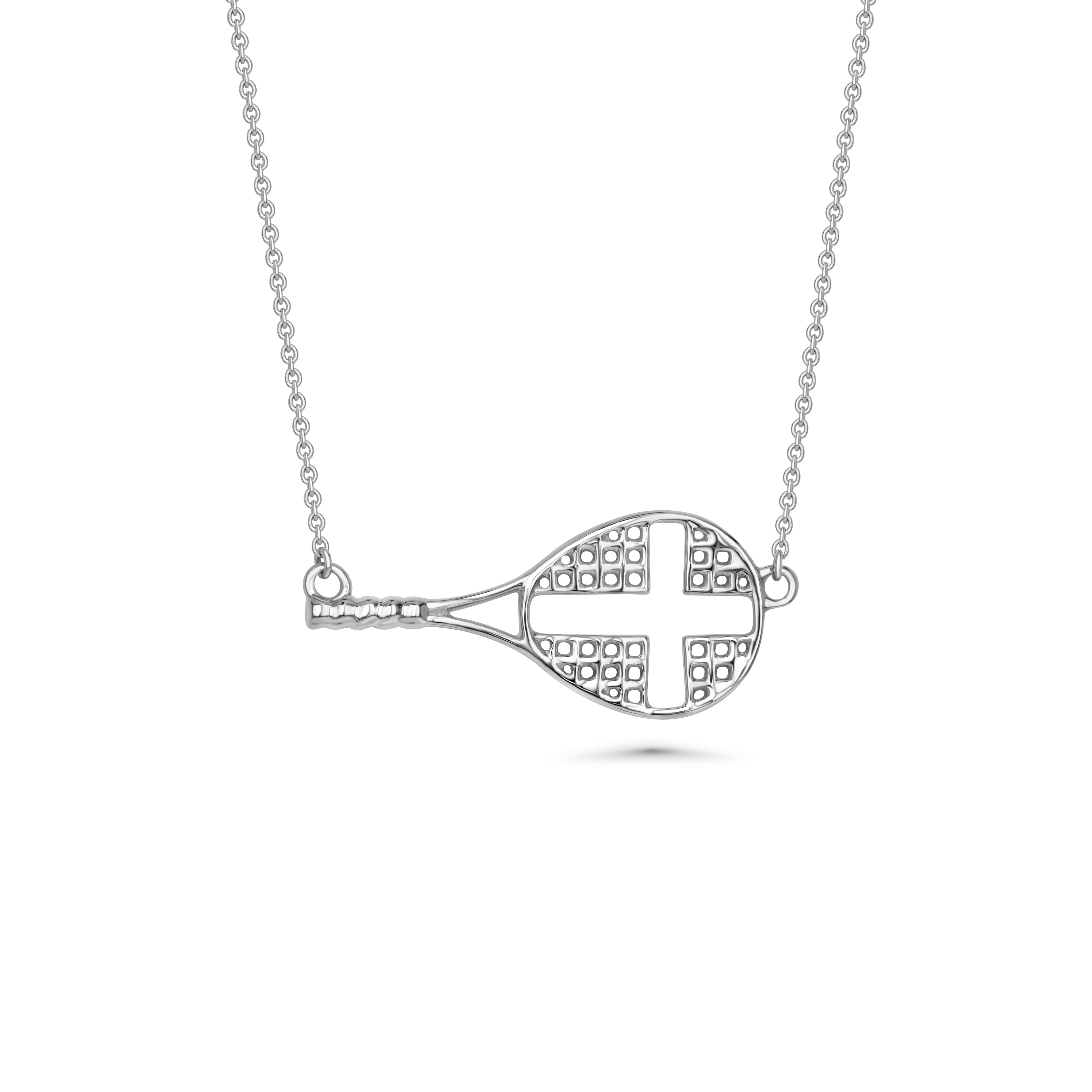 Silver tennis racket pendant on a chain against a white background
