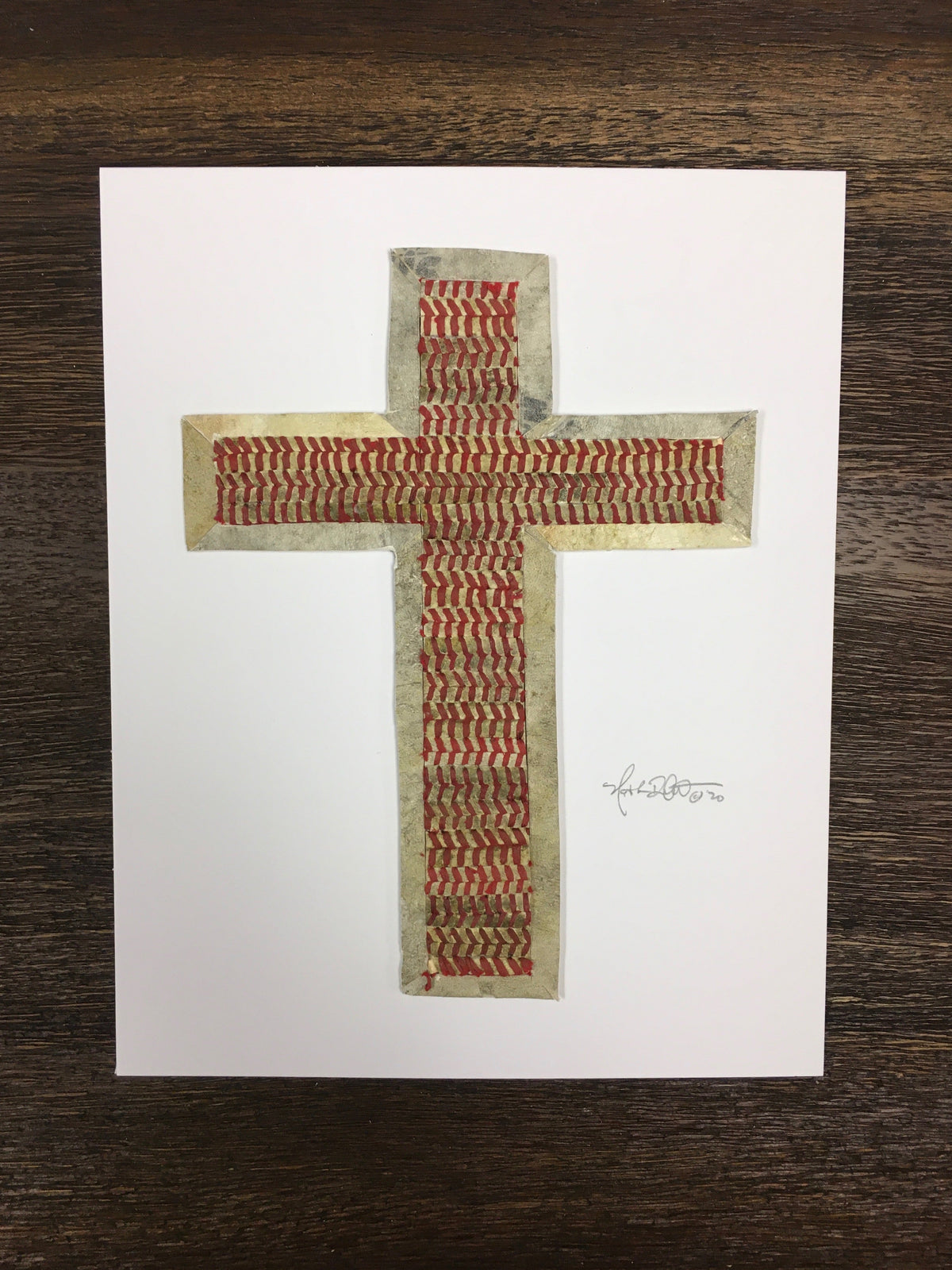 The Baseball Seams Company Traditional Cross baseball artwork made from used baseball seams, framed display view