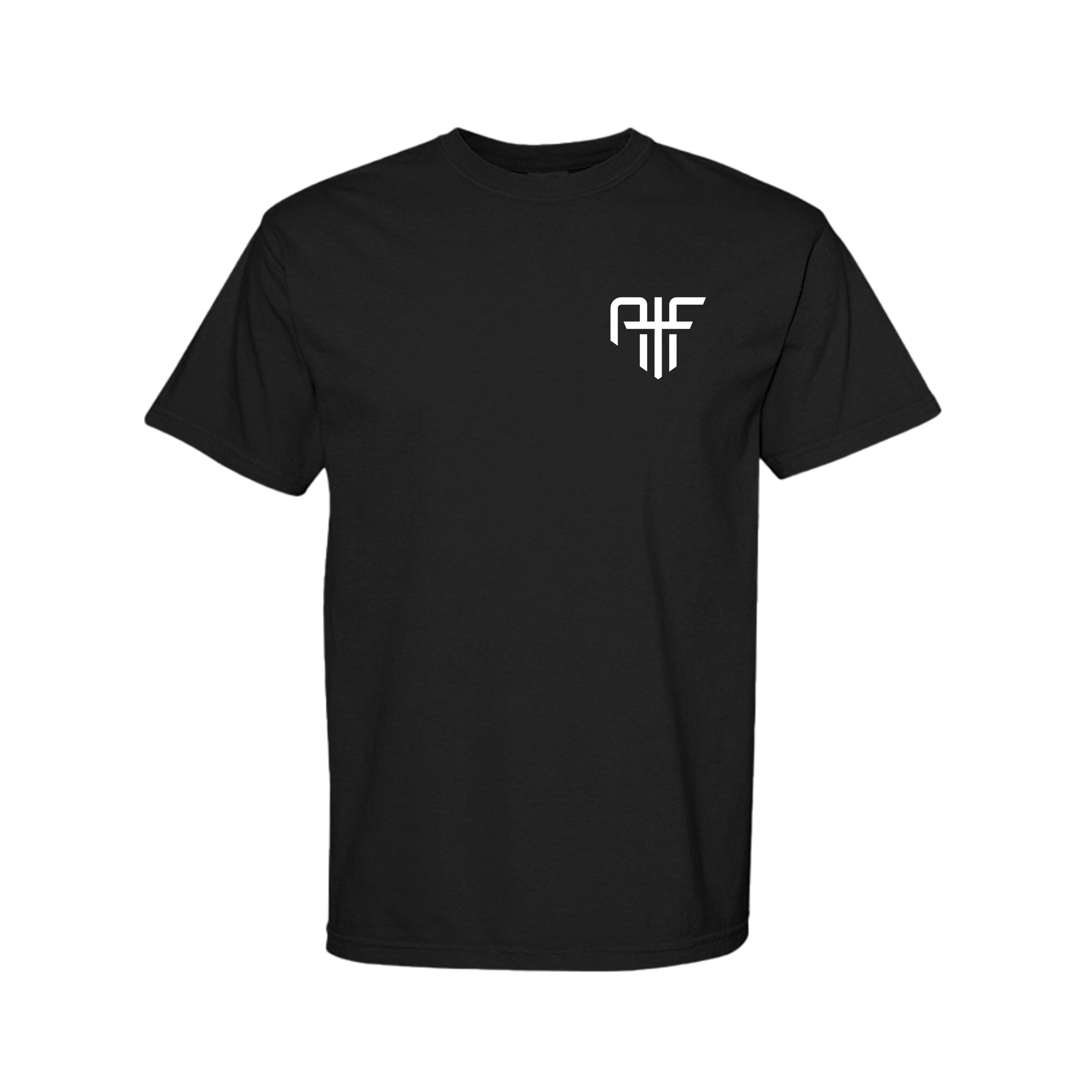 Black AIF Jesus Is King Christian T-shirt, front view with white AIF logo on the left chest.