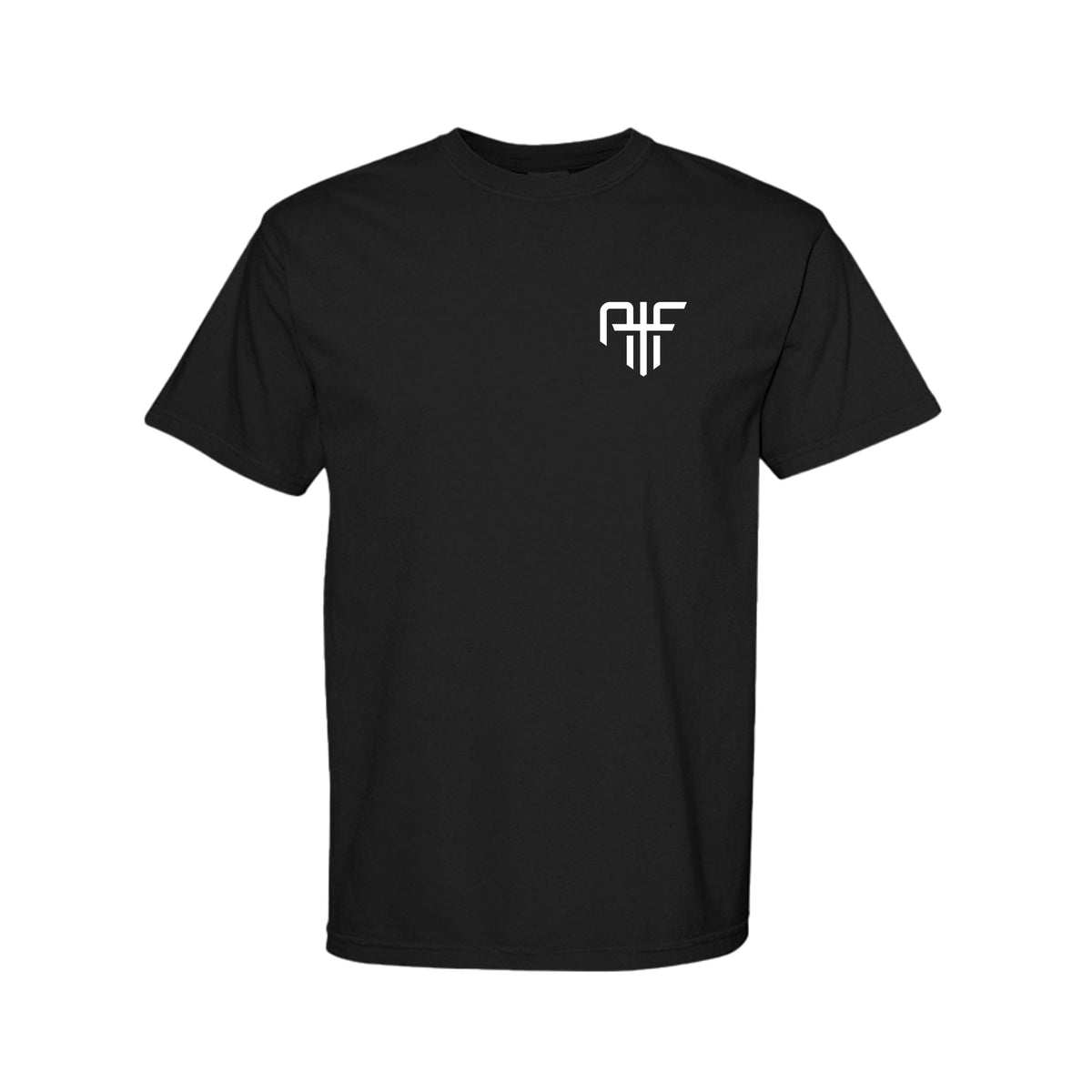 Black AIF Faith Builds Better Athletes Christian T-shirt, front view with white AIF logo on the left chest.