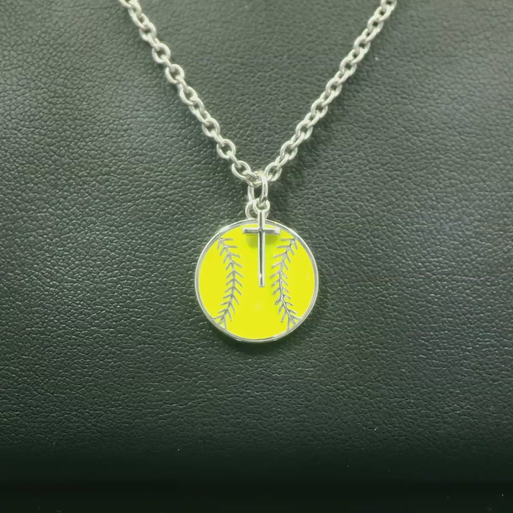 All In Faith Yellow Softball Necklace with Dangle Cross Pendant | Sterling Silver