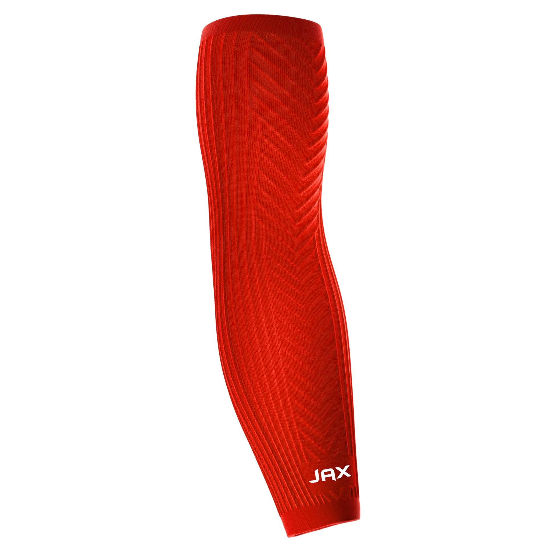 Jax Athletics Recovery Premium Arm Sleeve | Red compression sleeve with 'JAX' branding on a white background