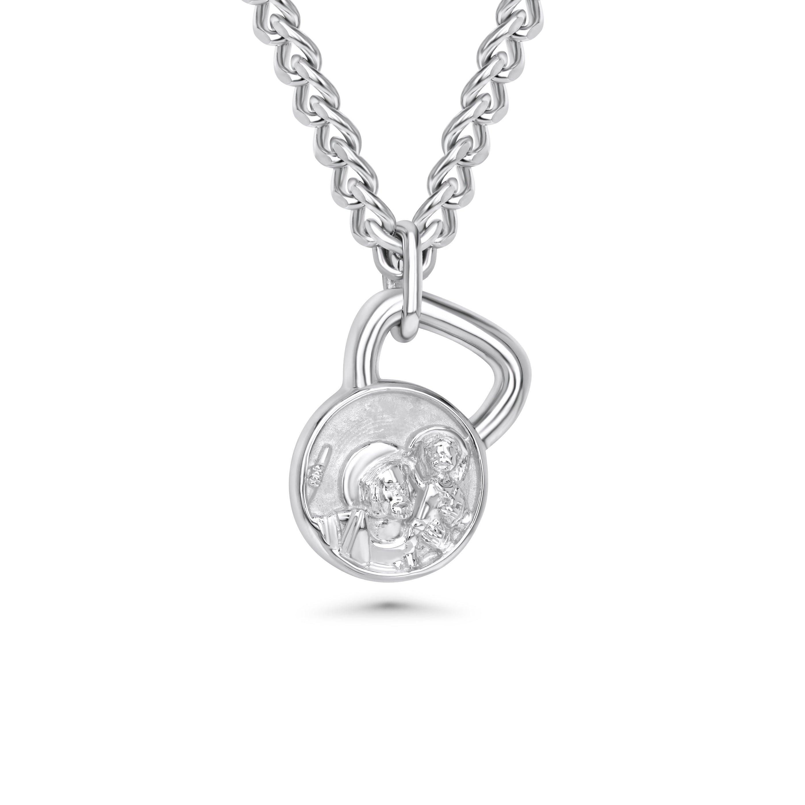 Silver kettlebell with a saint christopher pendant on a white background