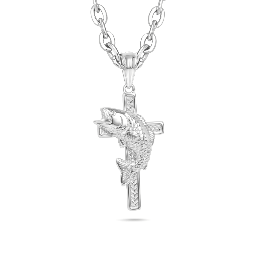 Silver fish pendant with cross on a chain against a white background