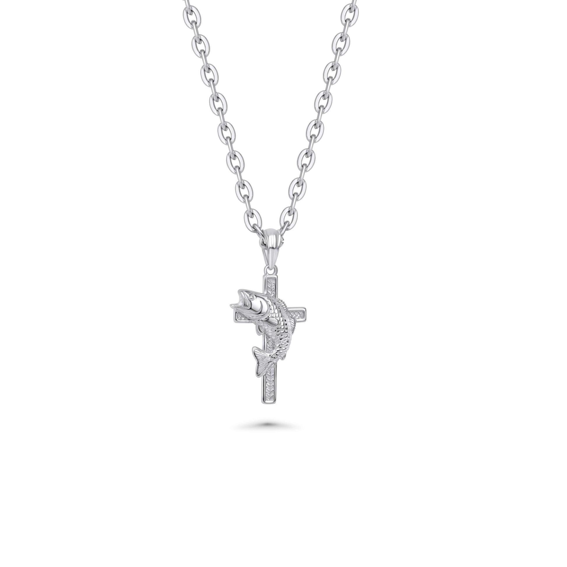 fishing fisher of men cross pendant on stainless steel chain showcasing a unique design with a fish and cross detail.
