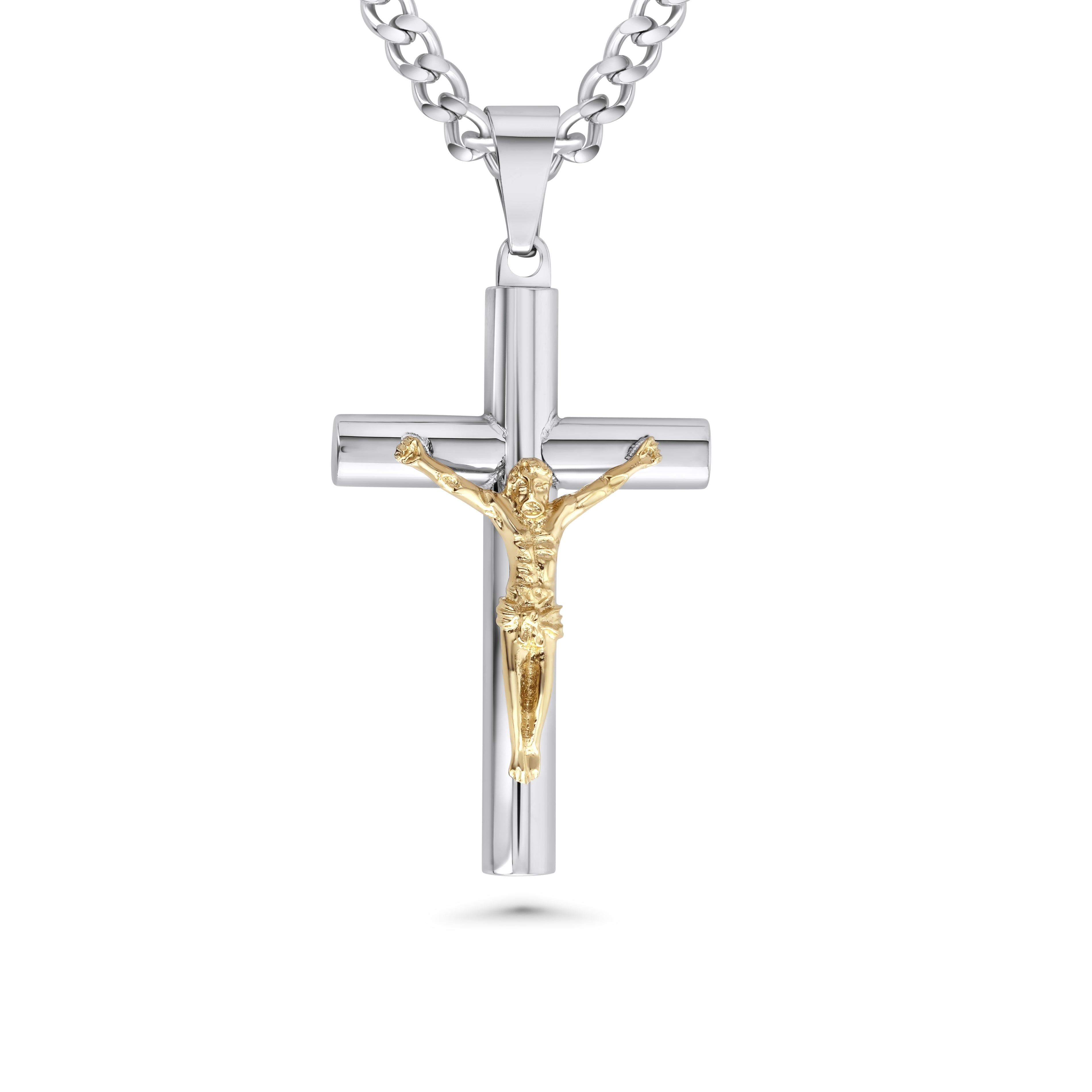 silver crucifix Cross pendant with gold Jesus figure on a white background