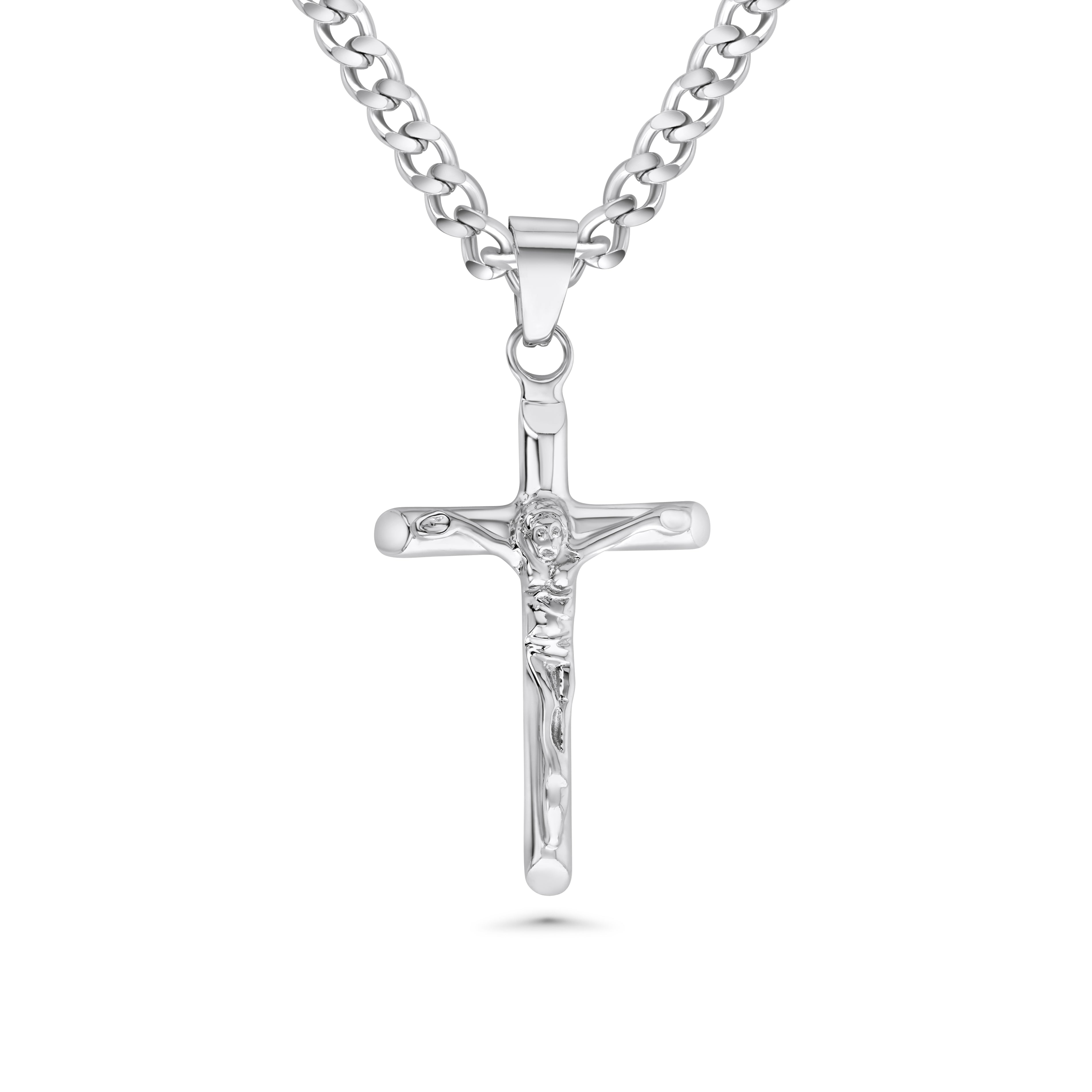 Silver crucifix cross necklace on a white background