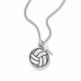 A silver chain necklace featuring a circular pendant with an engraved volleyball pattern and a small silver cross charm, shown on a clean white background.