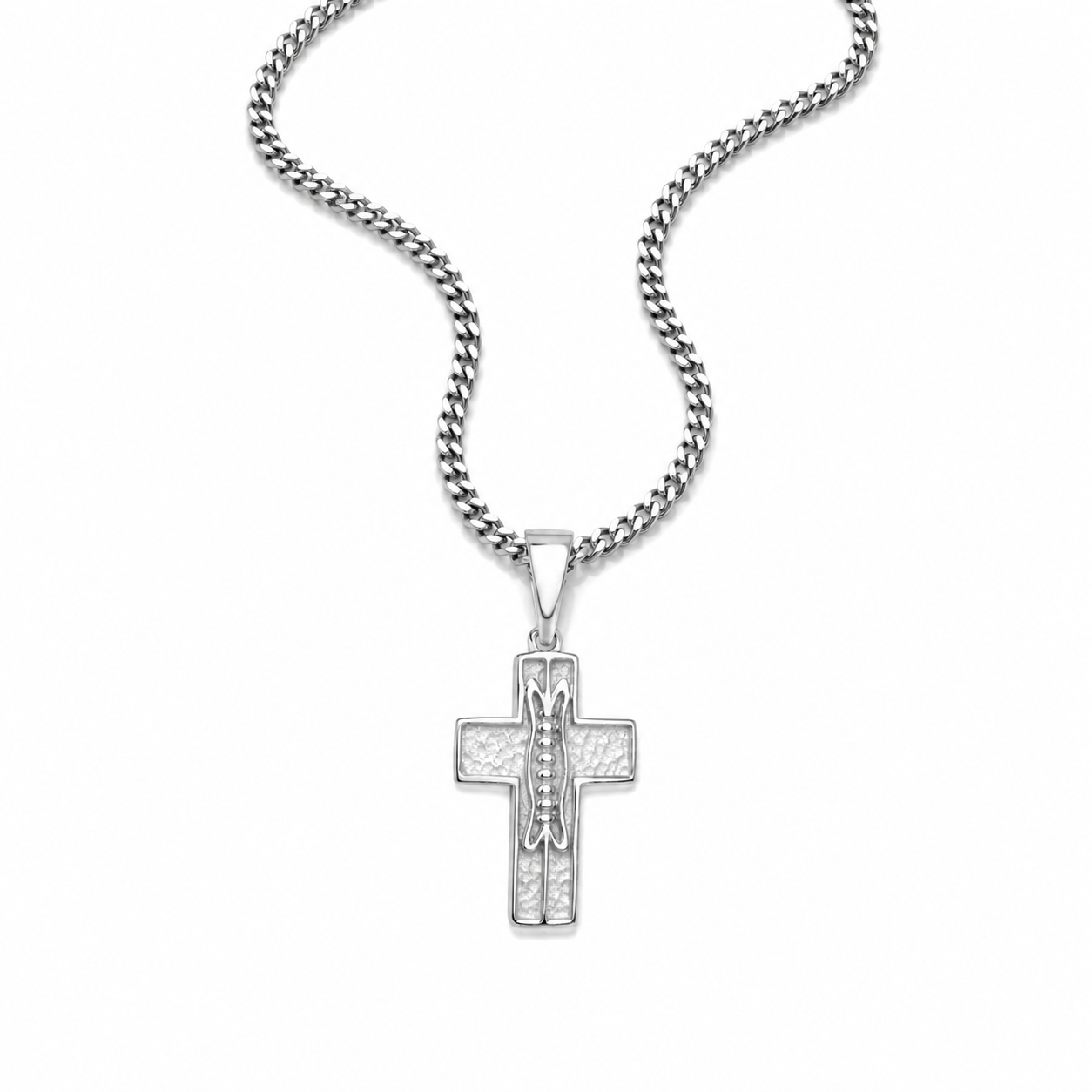 A silver crucifix pendant necklace with a textured cross design and a detailed figure of Jesus on the front, suspended from a silver curb chain against a plain white background.