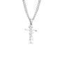Silver necklace with softball script in a cross designon a white background