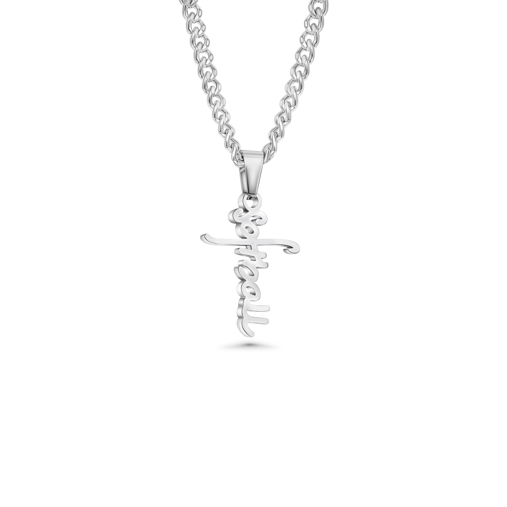 Silver necklace with softball script in a cross designon a white background