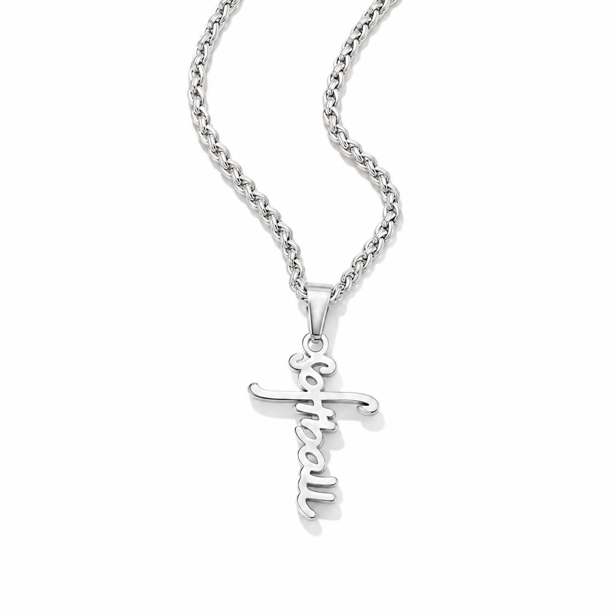 A silver chain necklace with a personalized cross pendant featuring the name 'Sethall' in cursive script, shown on a clean white background.