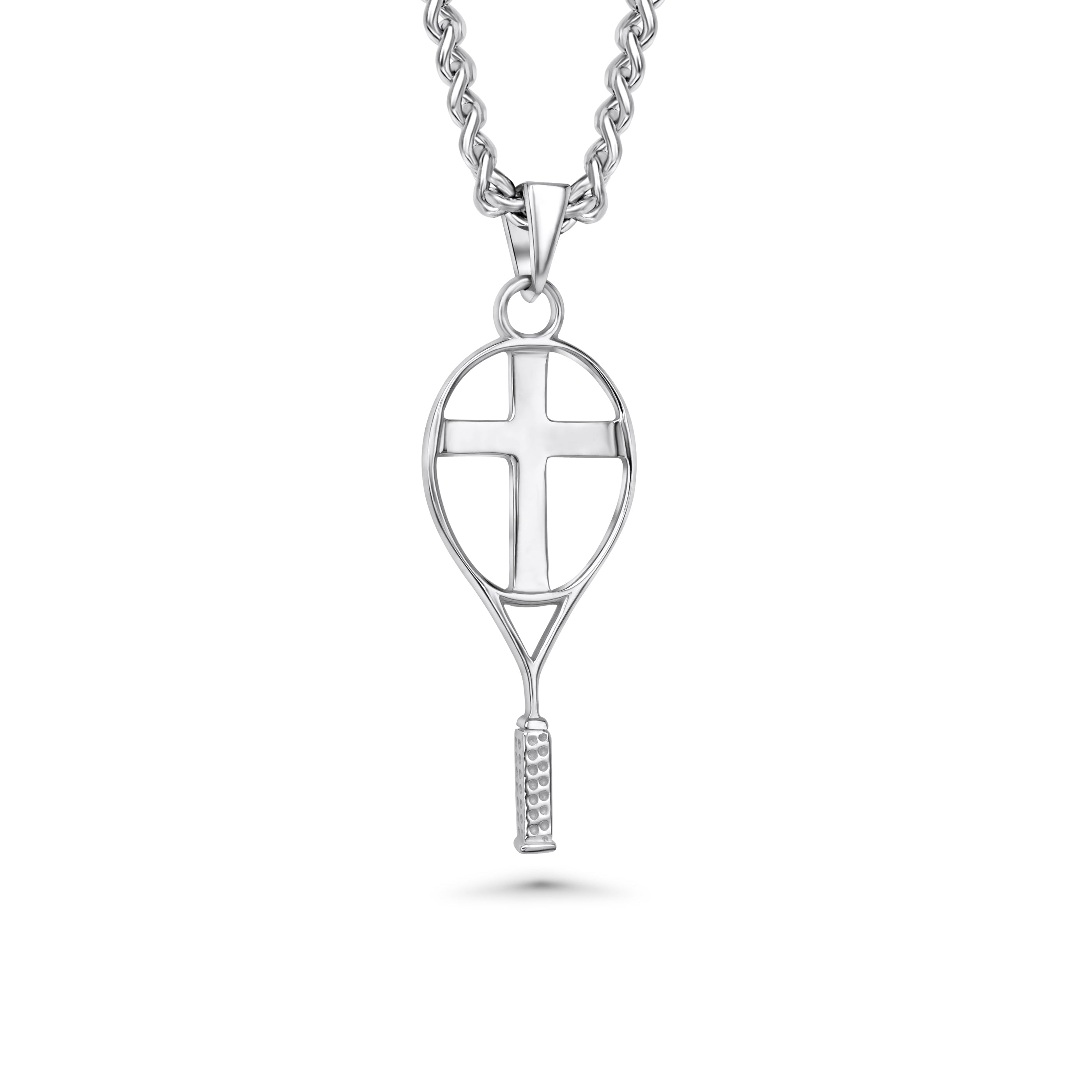 Silver tennis racket pendant with cross on the inside on a chain against a white background