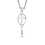 Silver tennis racket pendant with cross on the inside on a chain against a white background
