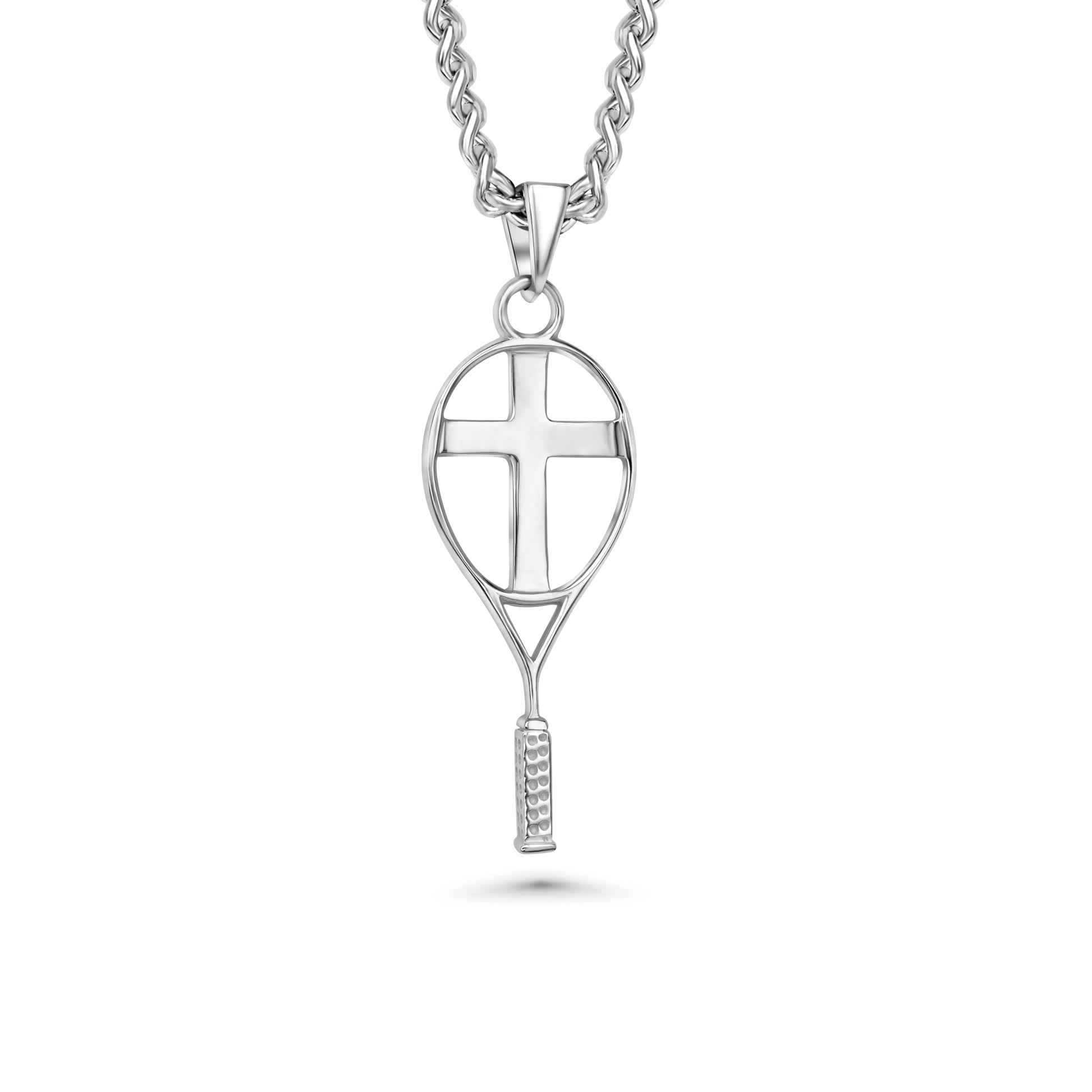 Silver tennis racket pendant with cross on the inside on a chain against a white background