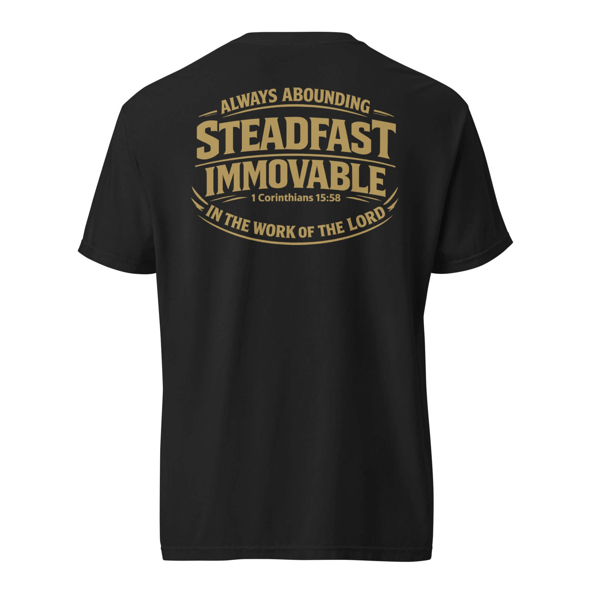 Victory Apparel Black Steadfast Immovable Lifestyle Tee, back view of a Christian lifestyle shirt